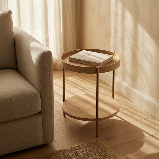 Seek & Ramble Side Tables Cleo 40cm Round Side Table With Storage Shelf - Ash and Gold