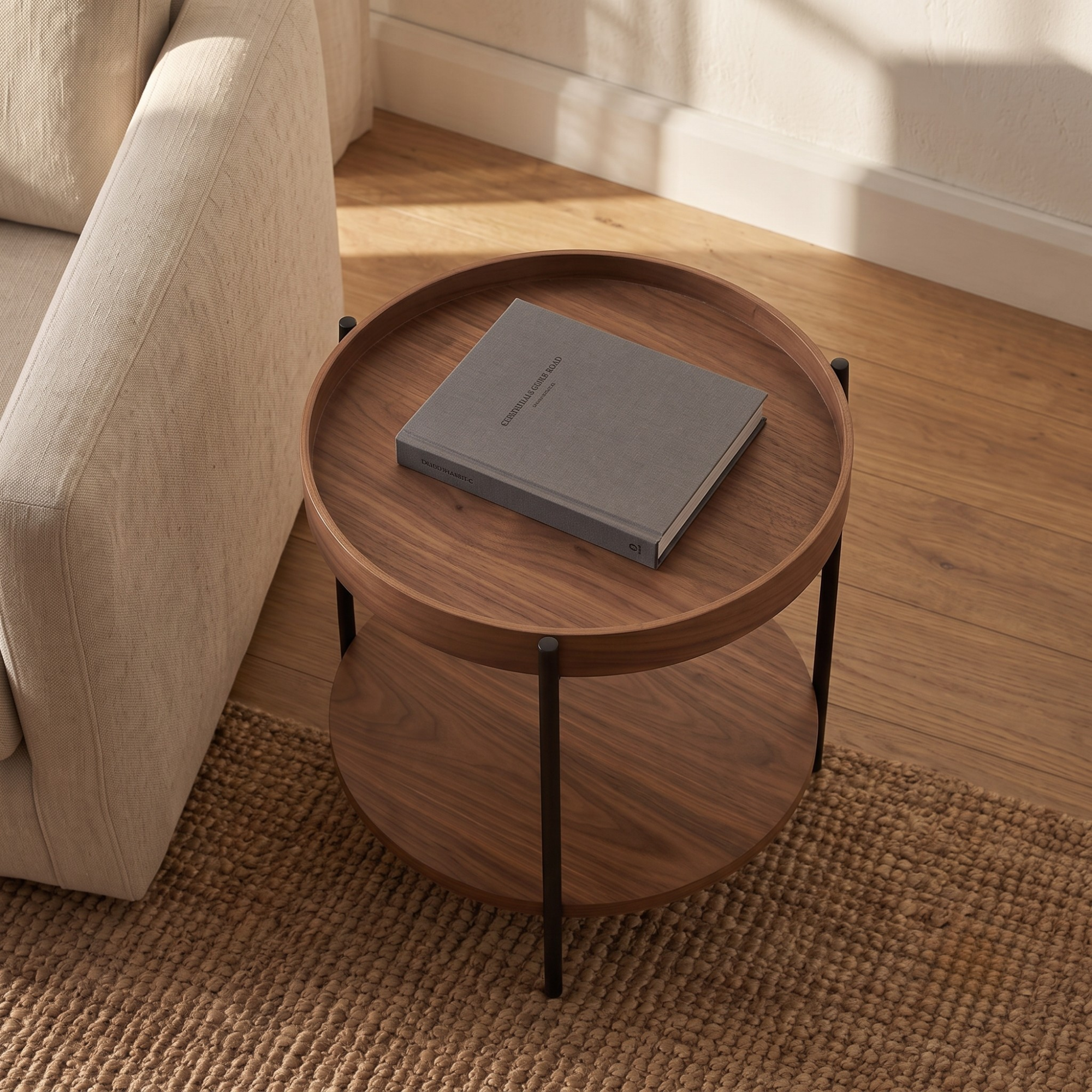 Seek & Ramble Side Tables Cleo 40cm Round Side Table With Storage Shelf - Walnut and Black