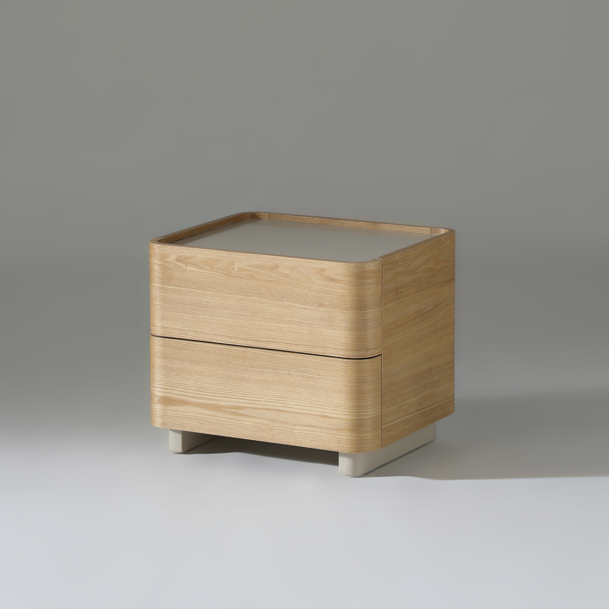 Xara 2 drawer bedside table in natural ash and warm grey, featuring a sleek design and smooth finish.