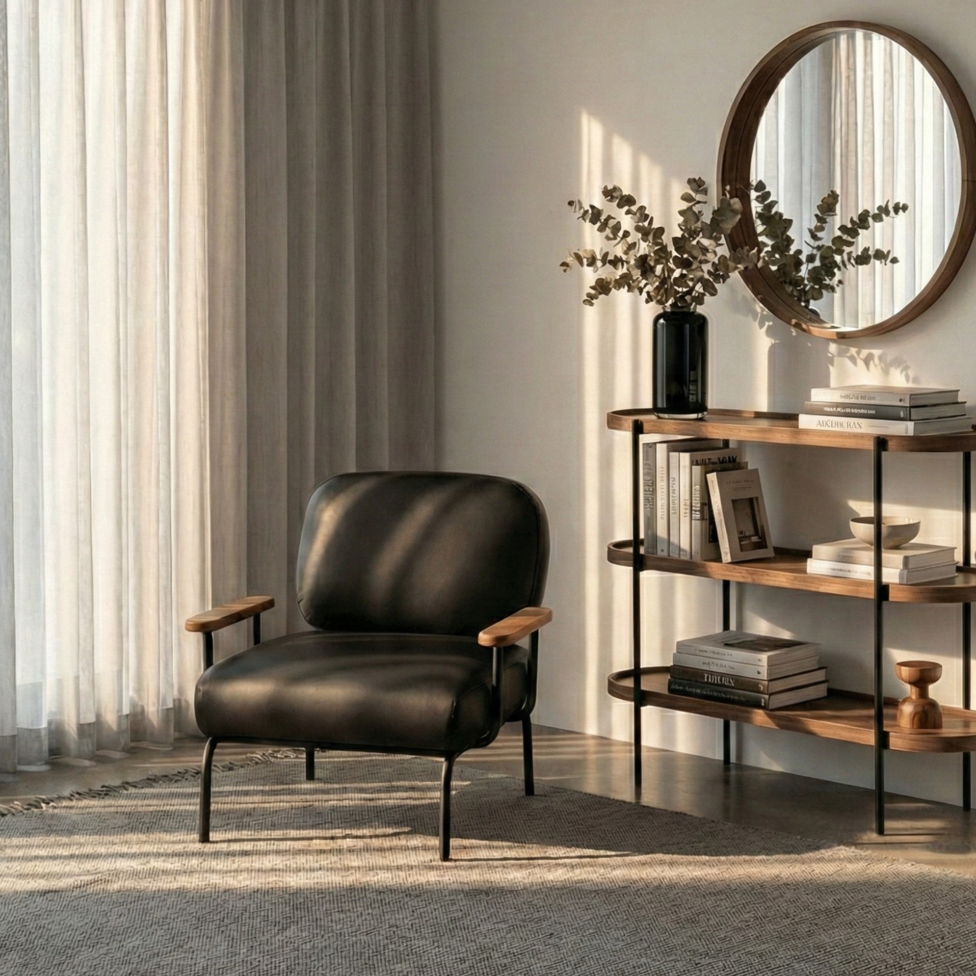 Modern living room with a black armchair, round mirror, and wooden shelf.