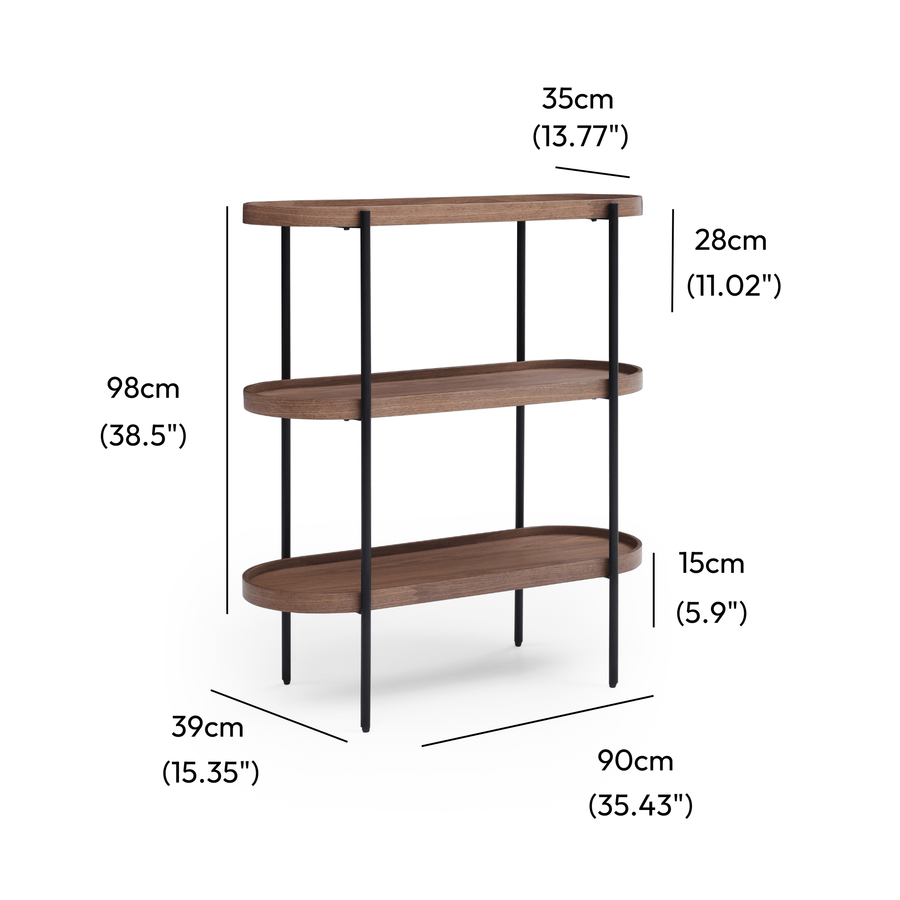 Cleo 3 Tier 90cm x 98cm Bookshelf Walnut & Black measurements