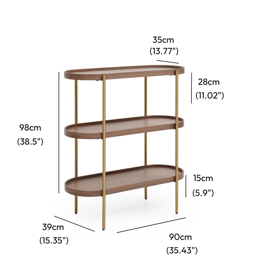 Cleo 3 Tier 90cm x 98cm Bookcase Walnut & Gold measurements