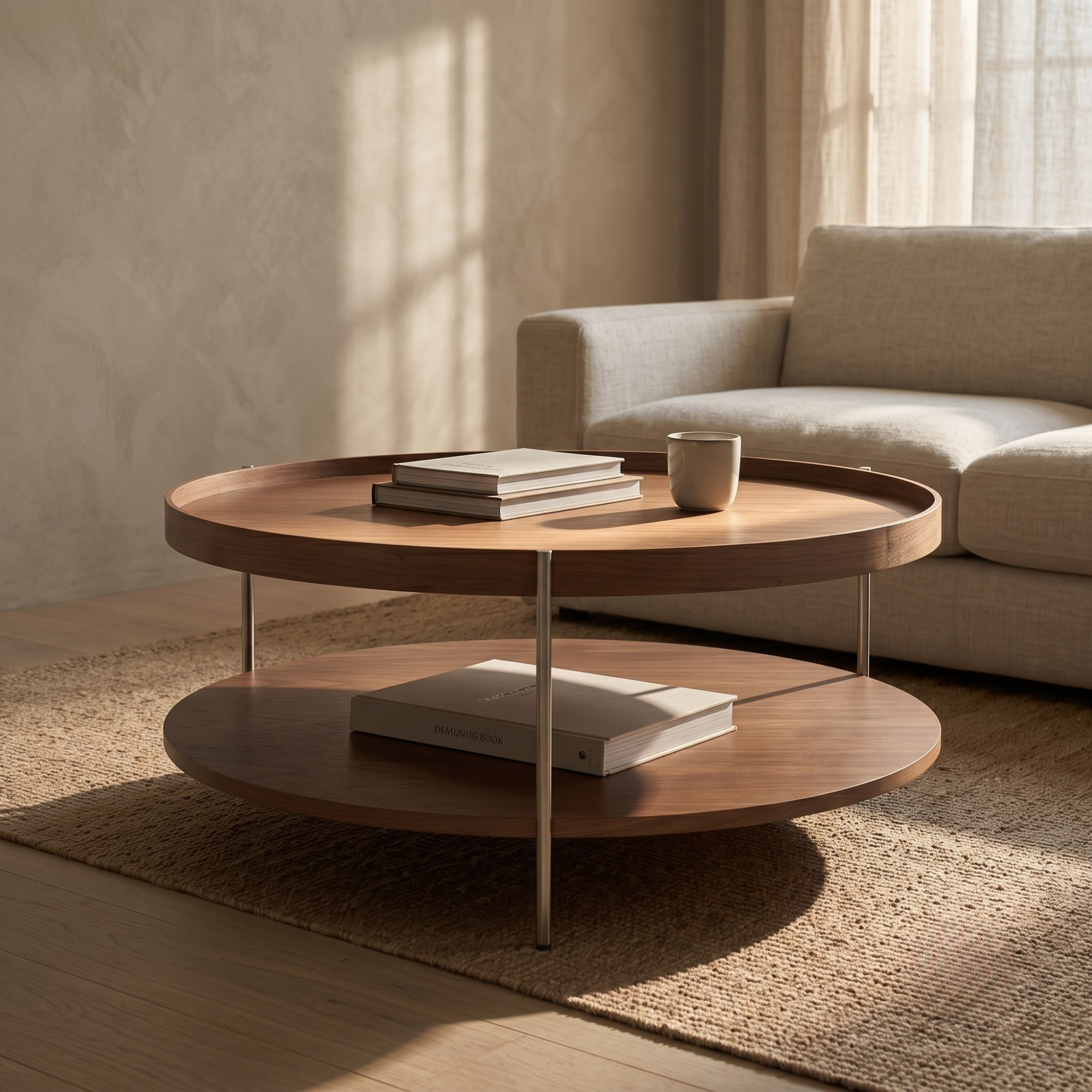 Seek & Ramble Coffee Tables Cleo 90cm Round Coffee Table Walnut & Brushed Stainless Steel Legs