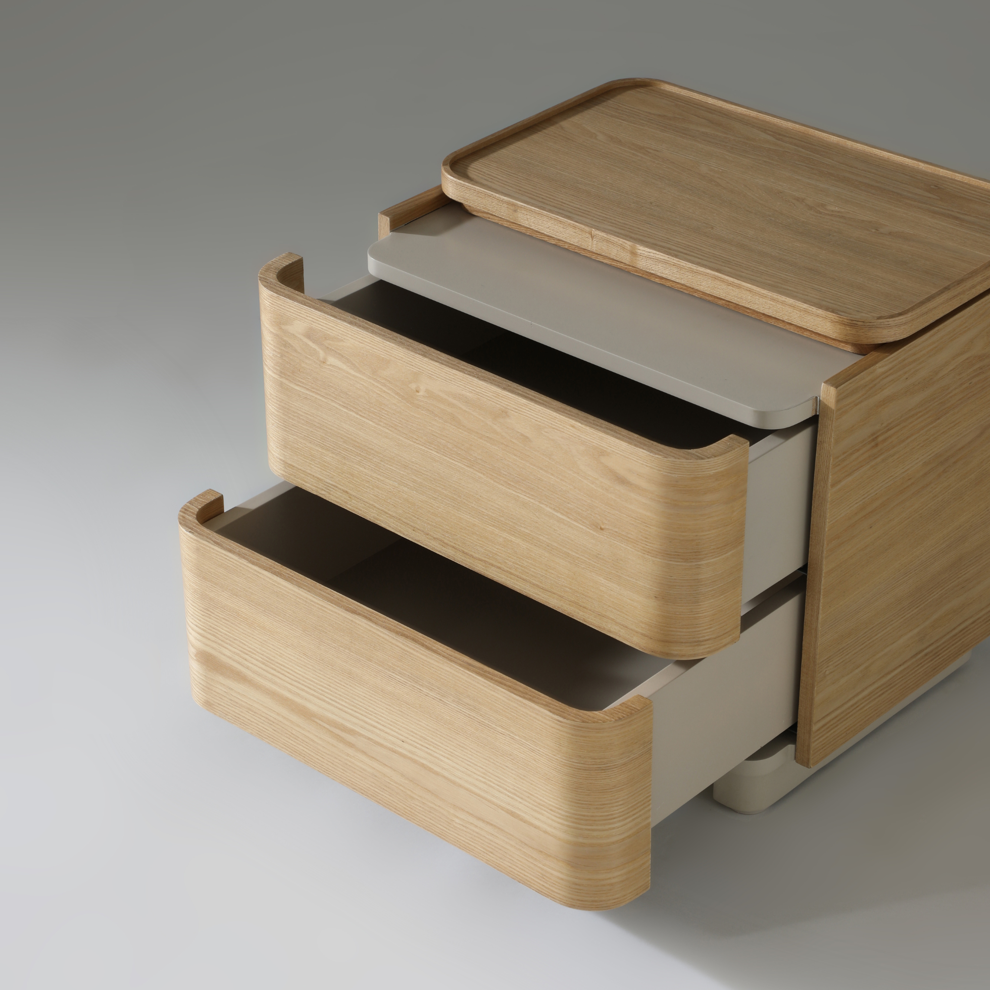 Xara 2 Drawer Bedside Table in Natural Ash with Warm Grey Drawers, showcasing smooth finish and minimalist design.