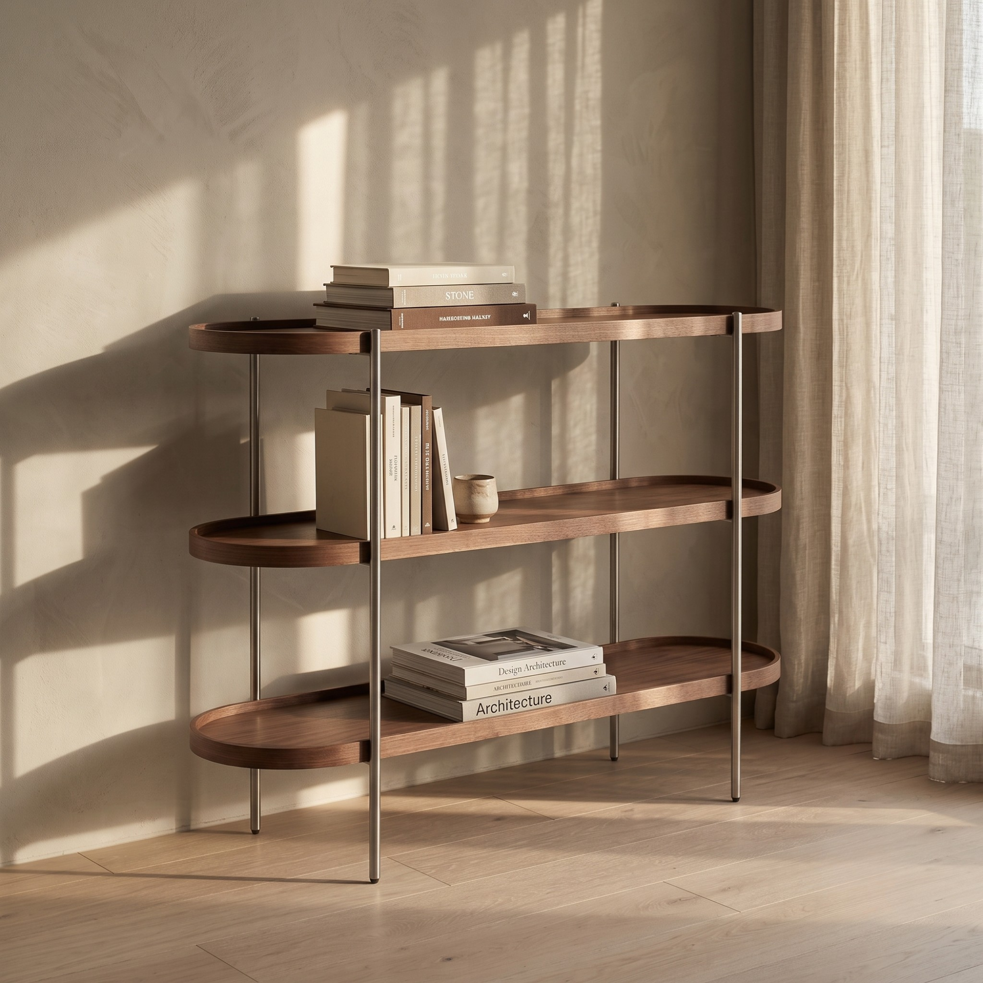 Seek & Ramble Shelving Cleo 3 Tier 120cm x 98cm Bookshelf Walnut & Brushed Stainless Steel