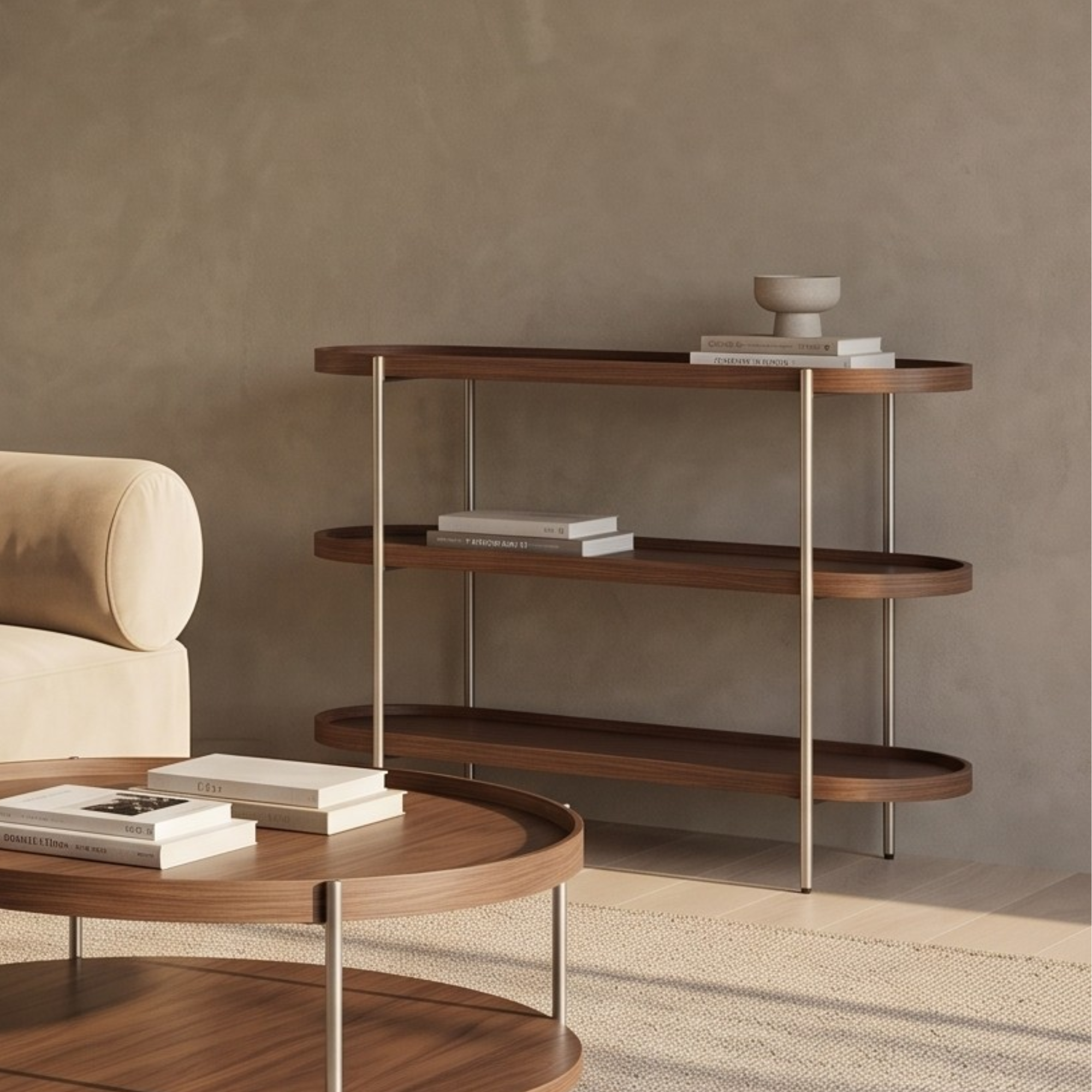 Seek & Ramble Shelving Cleo 3 Tier 120cm x 98cm Bookshelf Walnut & Brushed Stainless Steel