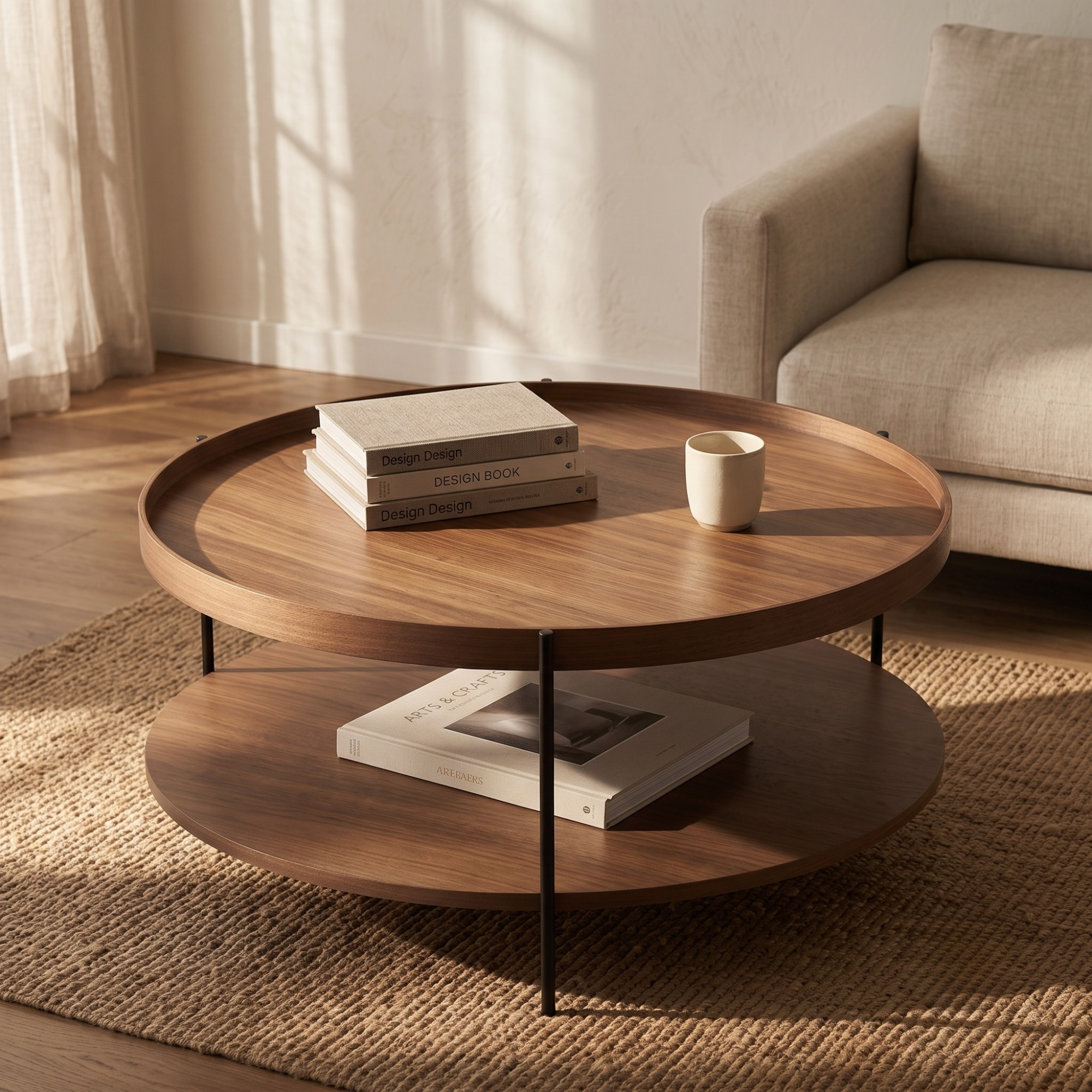 Seek & Ramble Coffee Tables Cleo 90cm Round Coffee Table Walnut With Storage Shelf