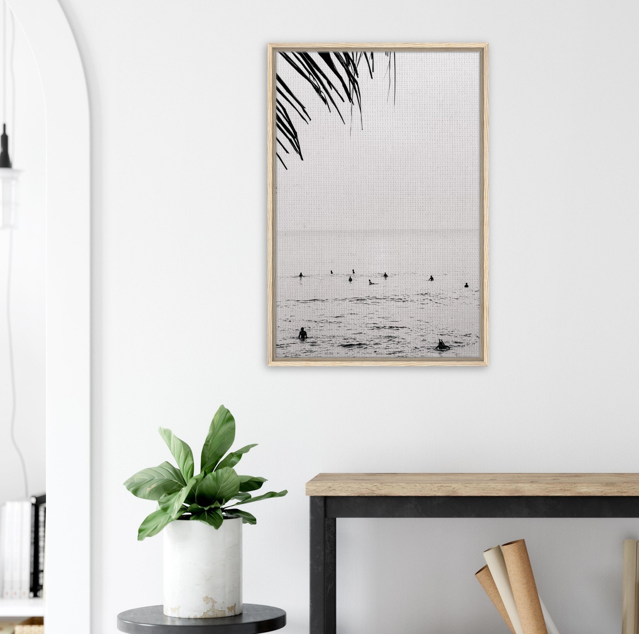 Seek & Ramble Canvas Bali Surfers Ocean Coastal Serene Framed Canvas Print - Black & White Art 60x90cm