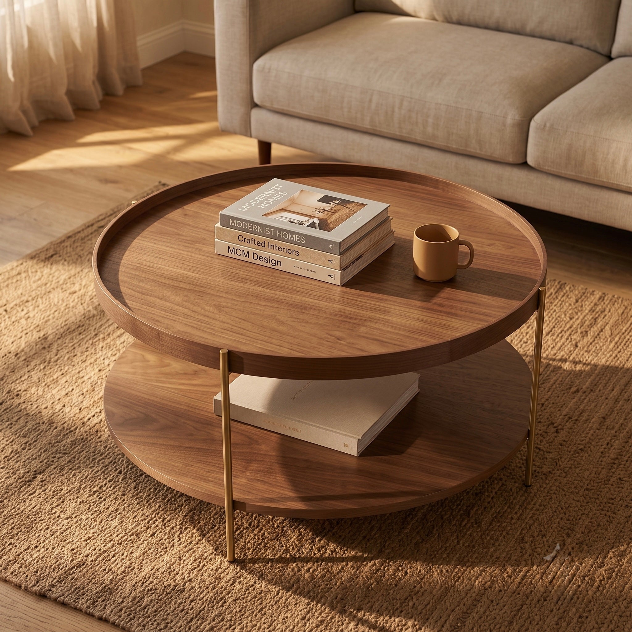Seek & Ramble Coffee Tables Cleo 90cm Round Coffee Table Walnut & Gold Legs With Storage Shelf