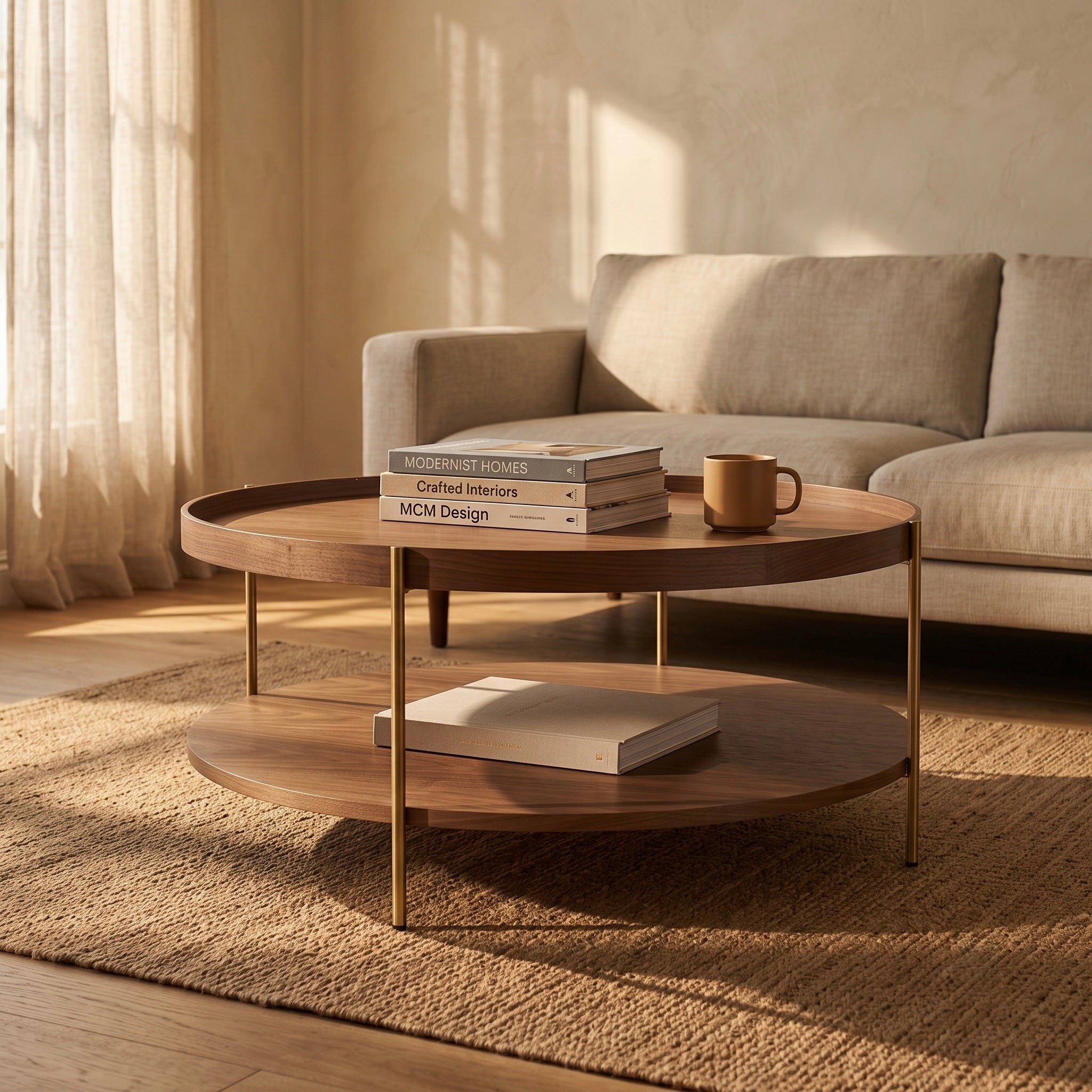 Seek & Ramble Coffee Tables Cleo 90cm Round Coffee Table Walnut & Gold Legs With Storage Shelf