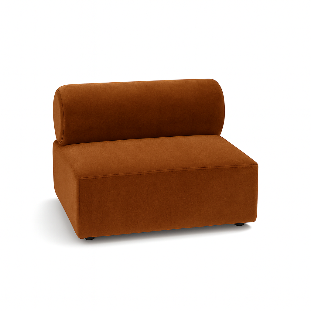 Armless Masso modular sofa segment in rich amber velvet, low-profile silhouette and plush cushioning, styled for modern interiors; versatile for custom seating configurations and subtle statement.