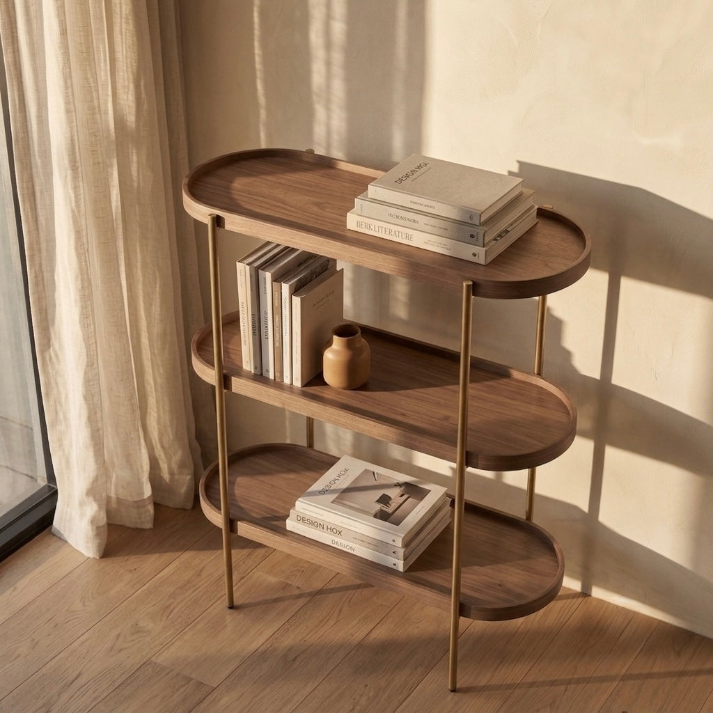 Seek & Ramble Shelving Cleo 3 Tier 90cm x 98cm Bookcase Walnut & Gold