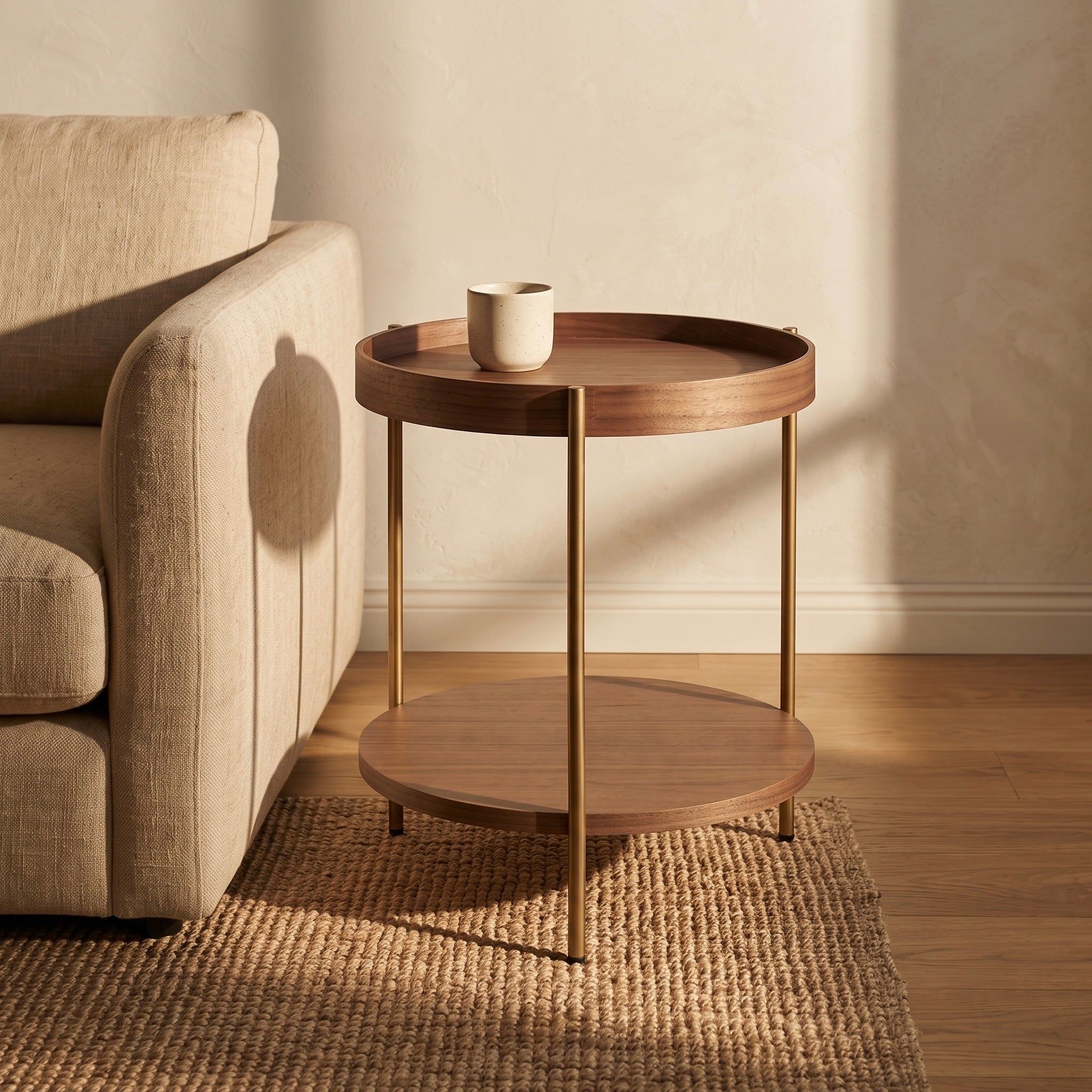 Seek & Ramble Side Tables Cleo 40cm Round Side Table Gold Legs With Storage Shelf Walnut
