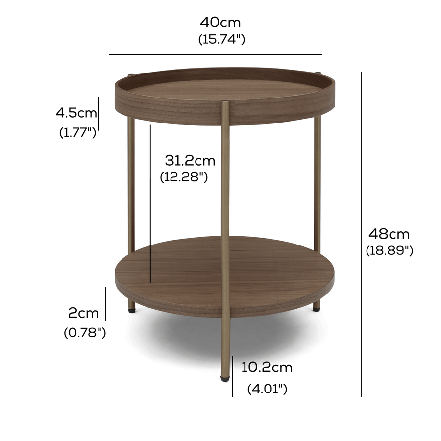 Cleo 40cm Round Side Table Gold Legs With Storage Shelf Walnut measurements