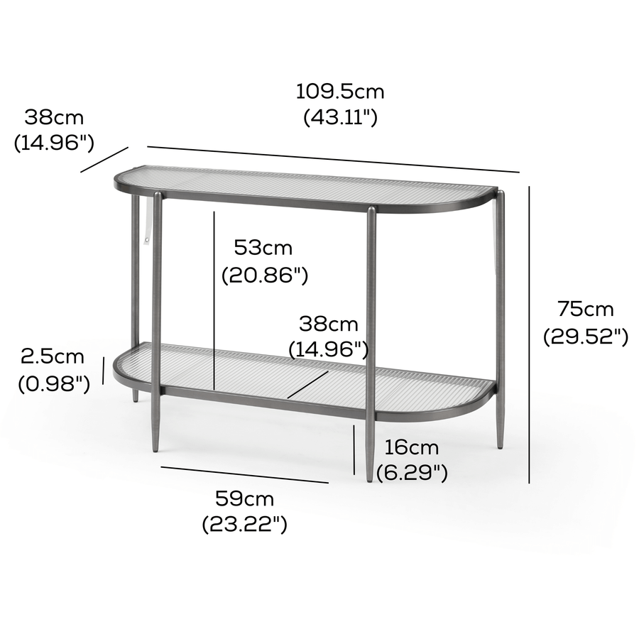 Gatsby 110cm Console Hall Table Fluted Glass Brushed Gunmetal Grey measurements