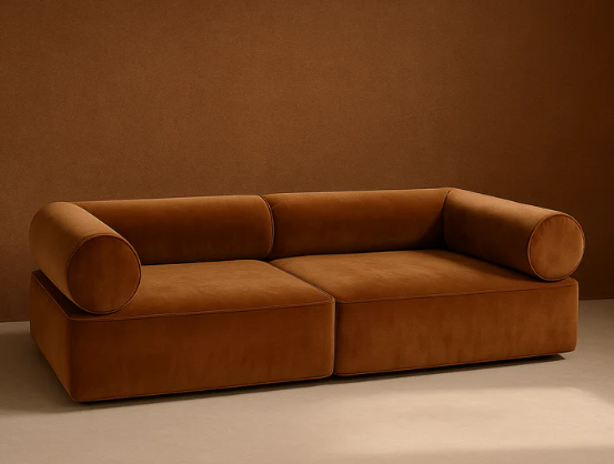 Seek & Ramble Masso modular sectional sofa in Velvet Amber—armless + arm-corner + ottoman configuration forming an L-shape; deep seats, low profile, modern living room in Australia.