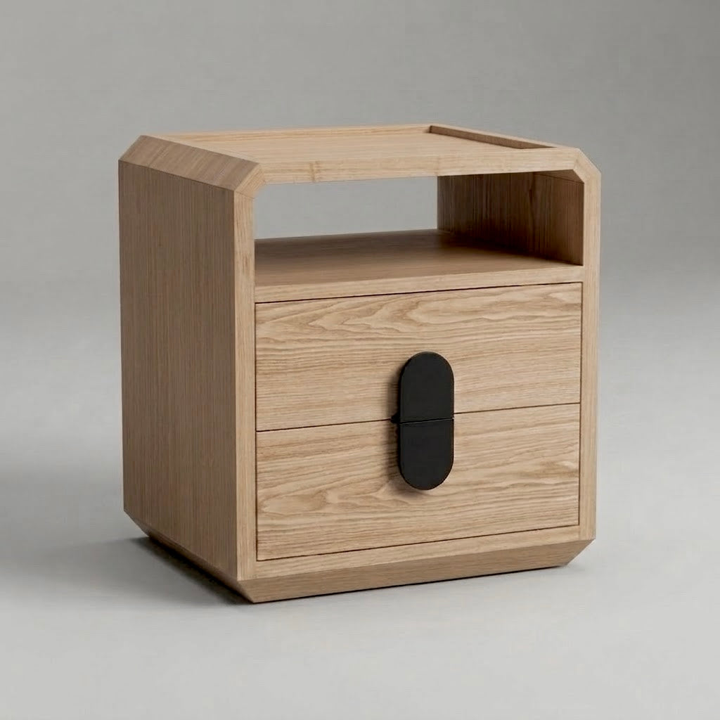 Wickham 2 Drawer Bedside Table in natural ash, angled view showing the open shelf, chamfered corners and brushed black metal pull