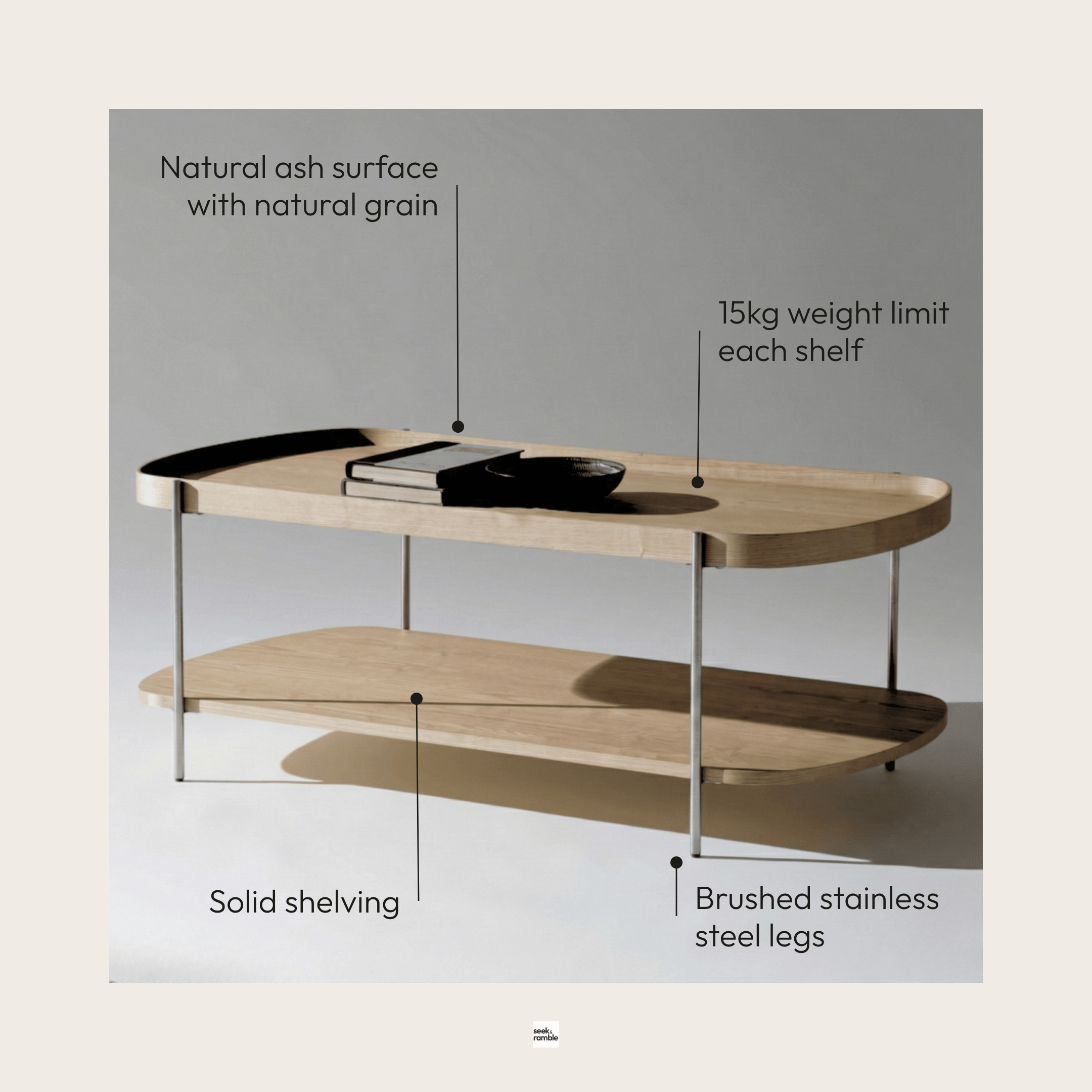Seek & Ramble Coffee Tables Cleo 120cm Rectangle Coffee Table Natural Ash & Brushed Stainless Steel