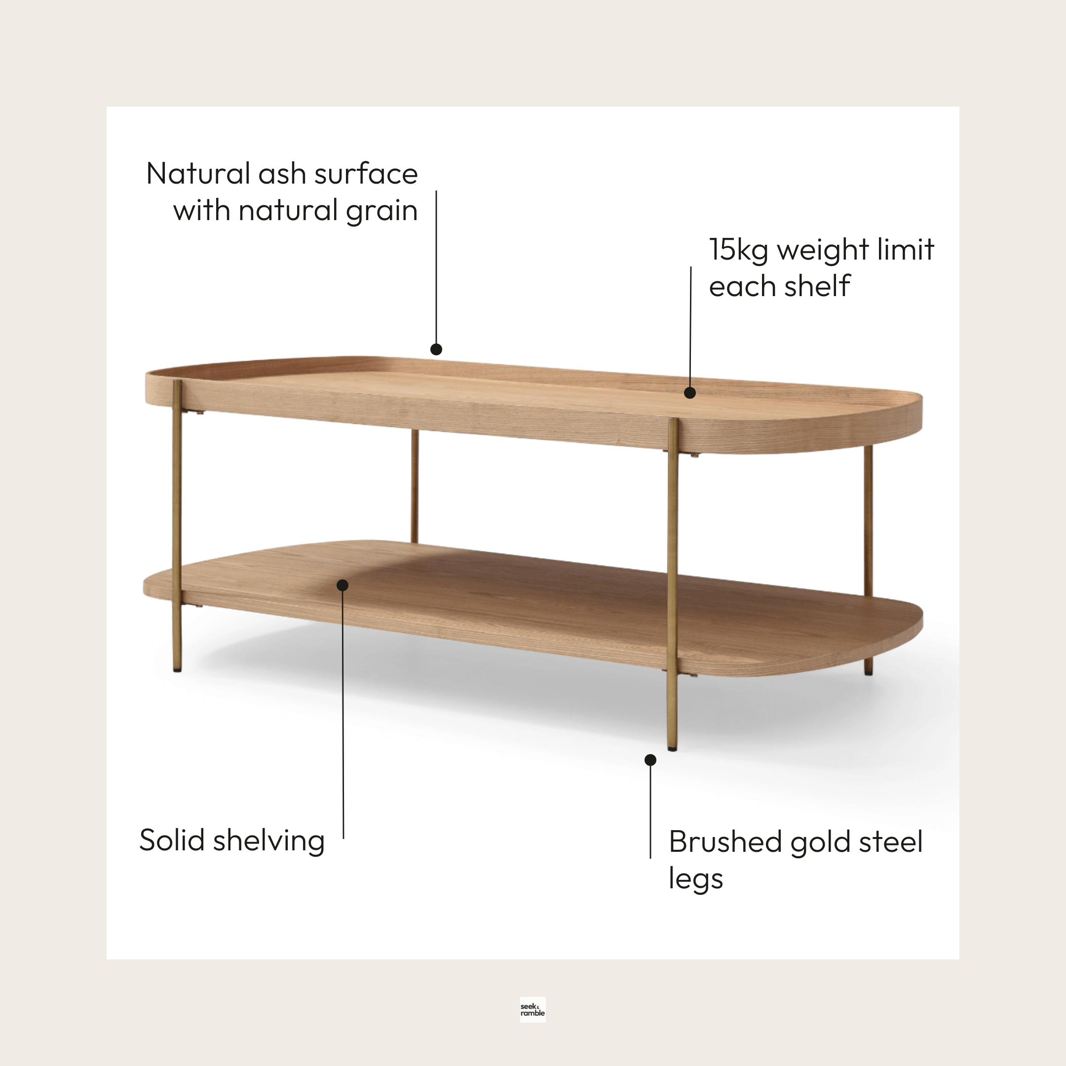Seek & Ramble Coffee Tables Cleo 120cm Rectangle Coffee Table Natural Ash & Gold Leg