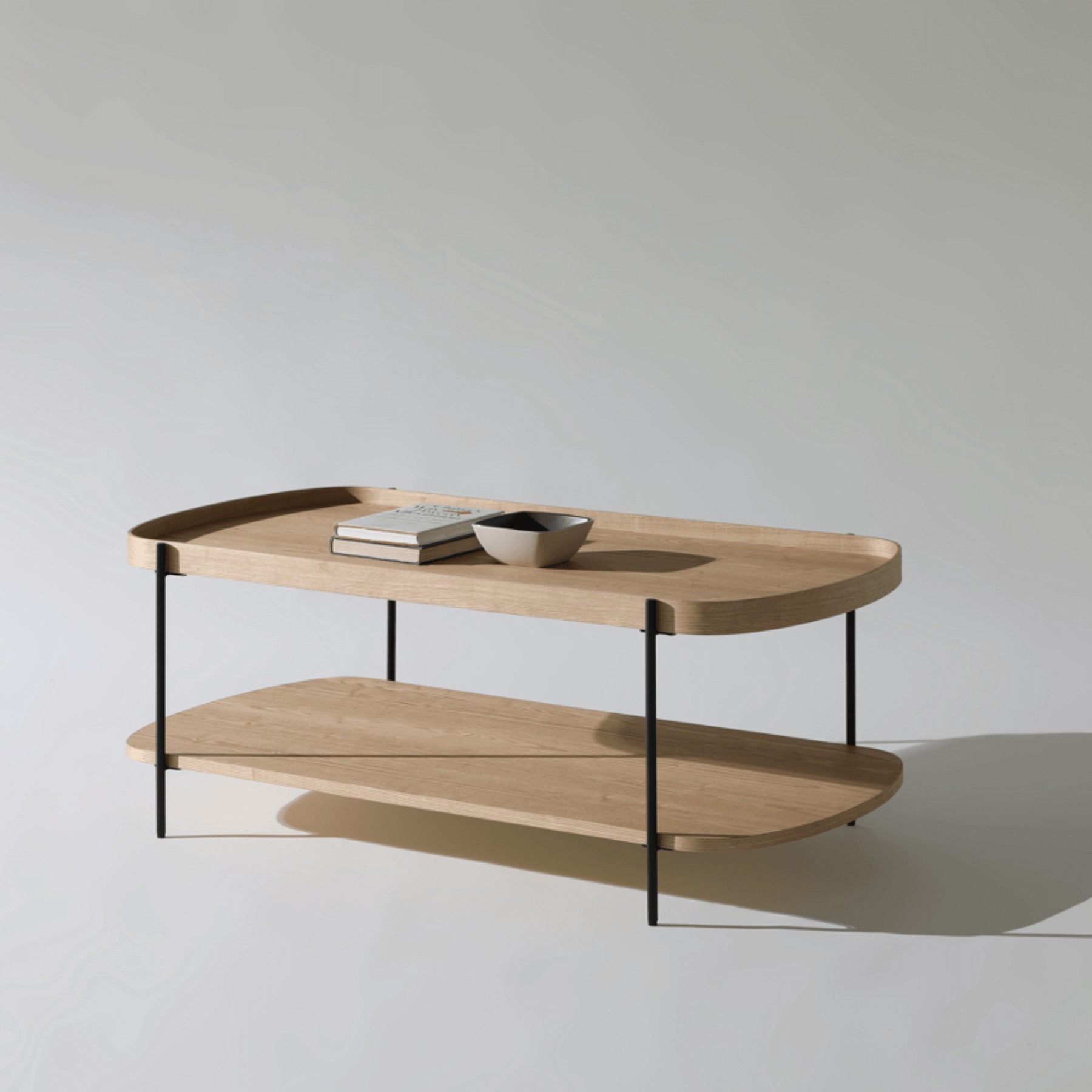 Seek & Ramble Coffee Tables Black Frame Cleo 120cm Rectangle Coffee Table Natural Ash With Storage Shelf