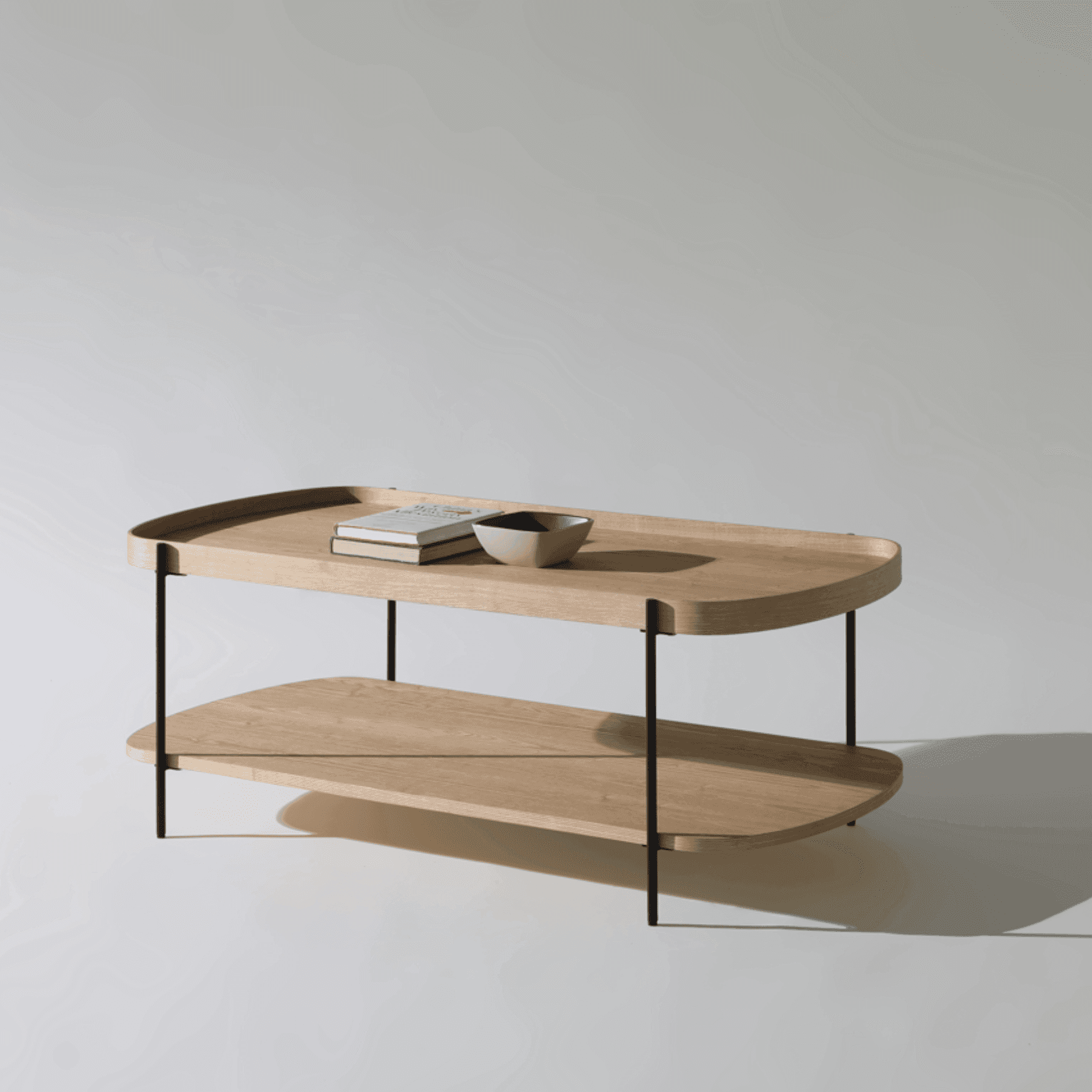 Seek & Ramble Coffee Tables Black Frame Cleo 120cm Rectangle Coffee Table Natural Ash With Storage Shelf
