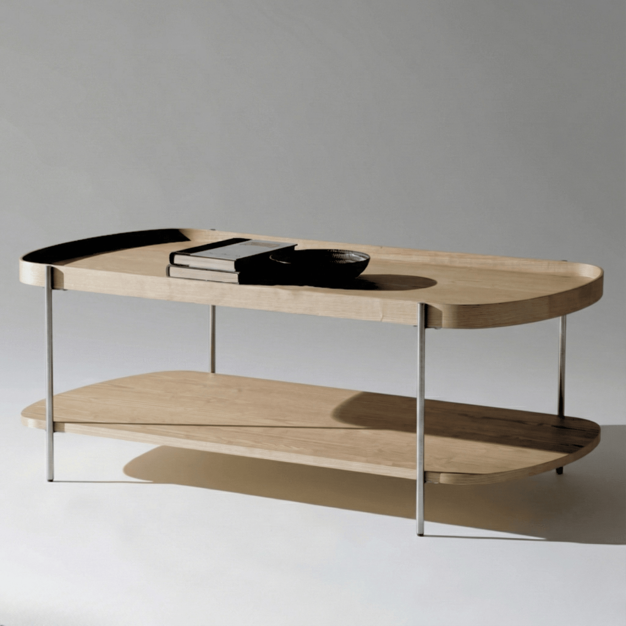 Seek & Ramble Coffee Tables Brushed Steel Cleo 120cm Rectangle Coffee Table Natural Ash With Storage Shelf