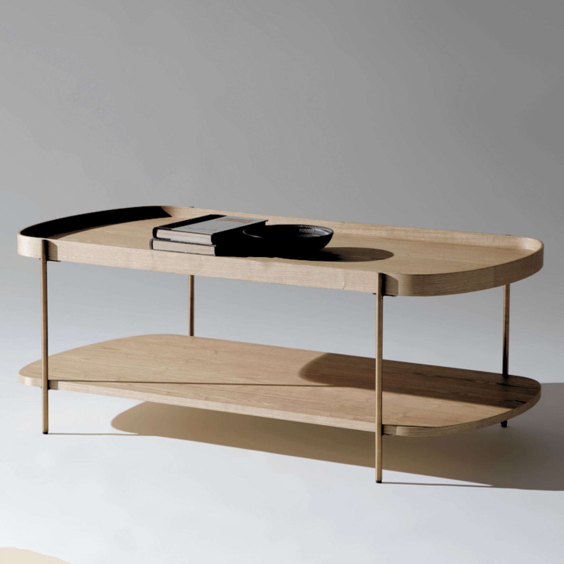 Seek & Ramble Coffee Tables Gold Frame Cleo 120cm Rectangle Coffee Table Natural Ash With Storage Shelf