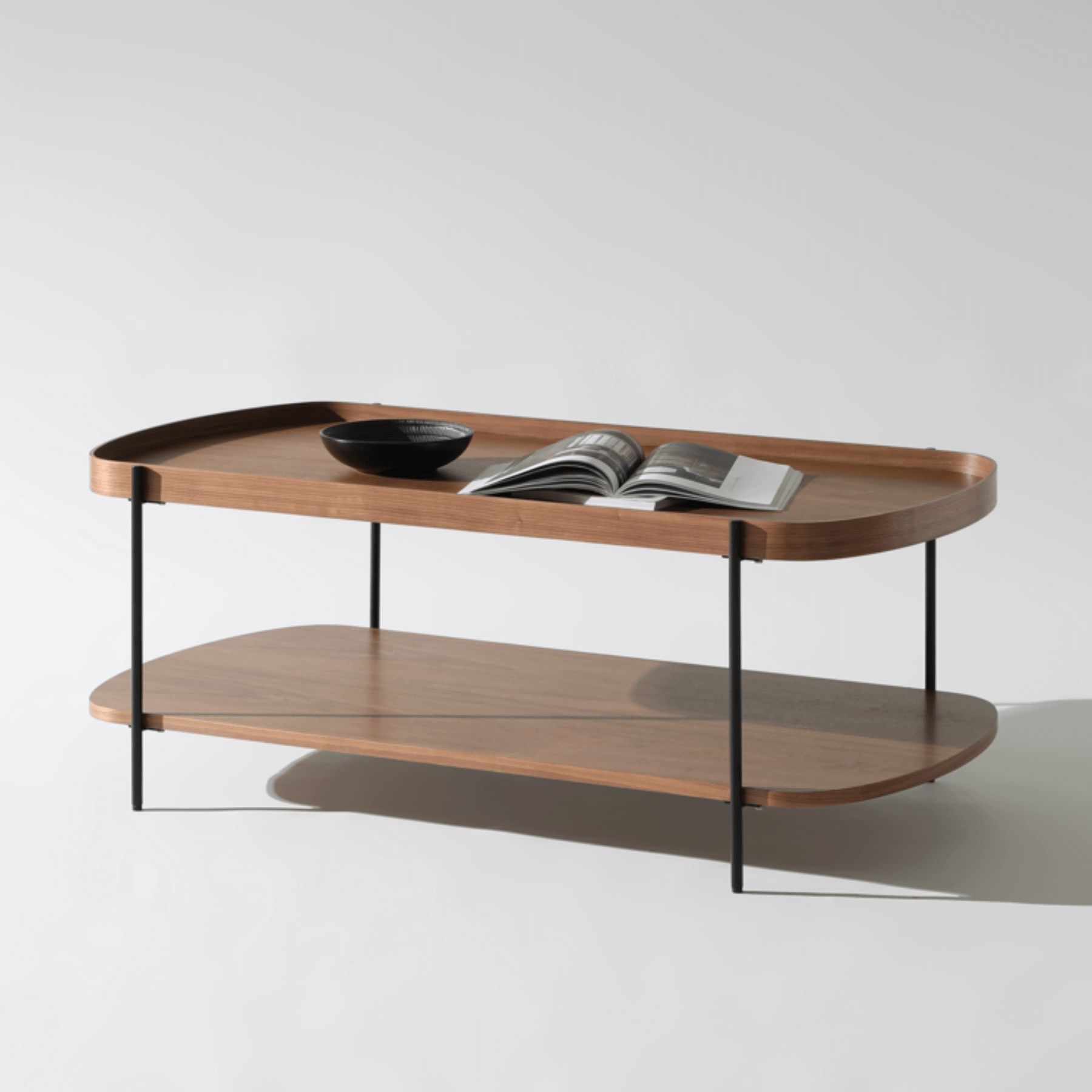 Seek & Ramble Coffee Tables Black Frame Cleo 120cm Rectangle Coffee Table Walnut With Storage Shelf Gold or Black Leg