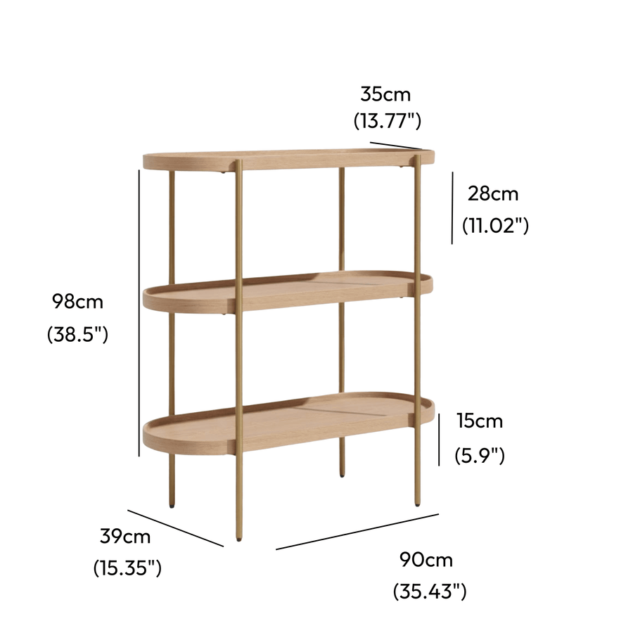 Cleo 3 Tier 90cm x 98cm Bookcase Natural Ash & Gold measurements