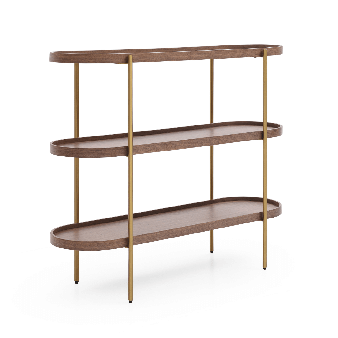Seek & Ramble Shelving Gold Frame Cleo 3 Tier Shelf 120cm x 80cm Bookcase/Console Walnut Gold Frame