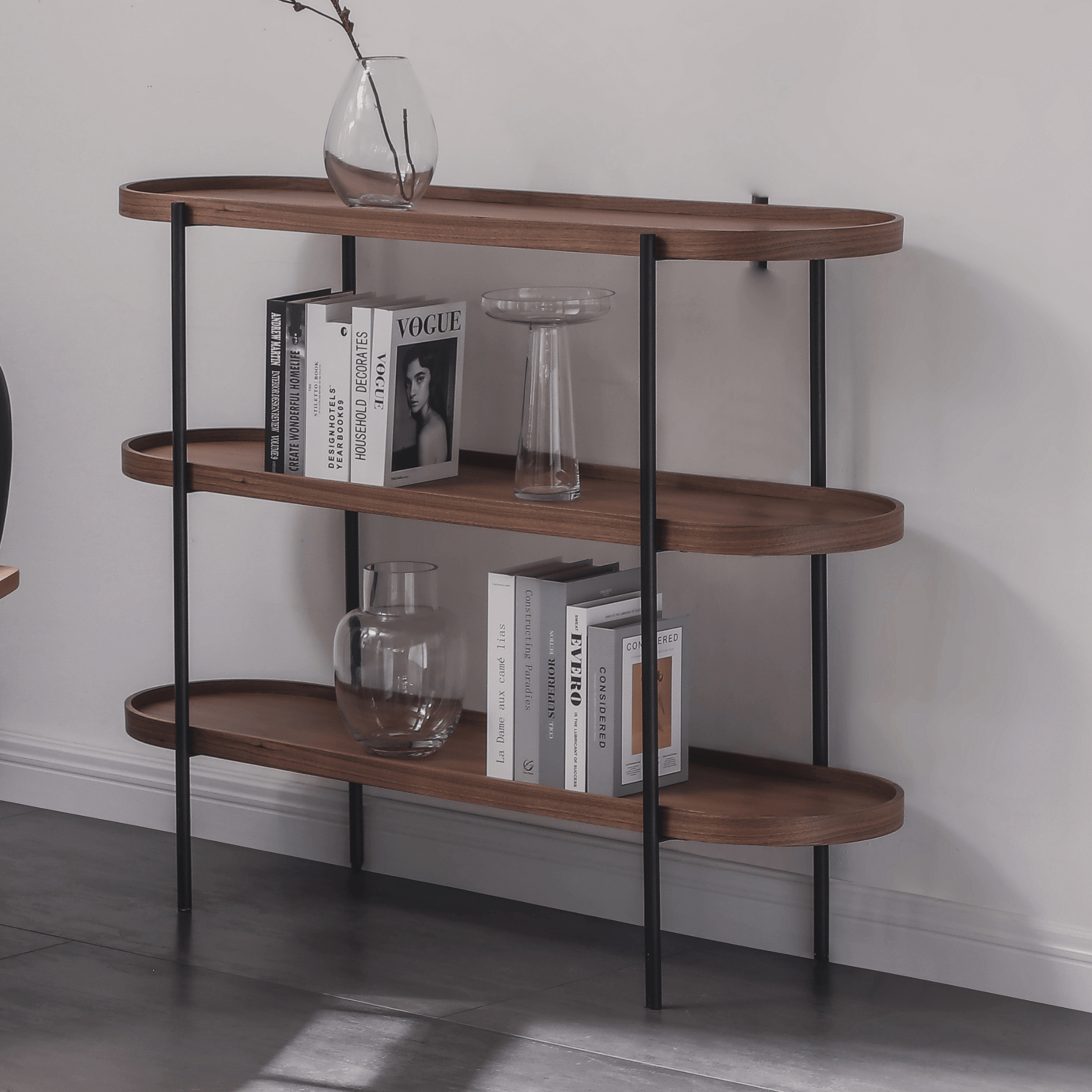 Seek & Ramble Shelving Cleo 3 Tier Shelf 120cm x 80cm Bookcase/Console Walnut Gold or Black Frame