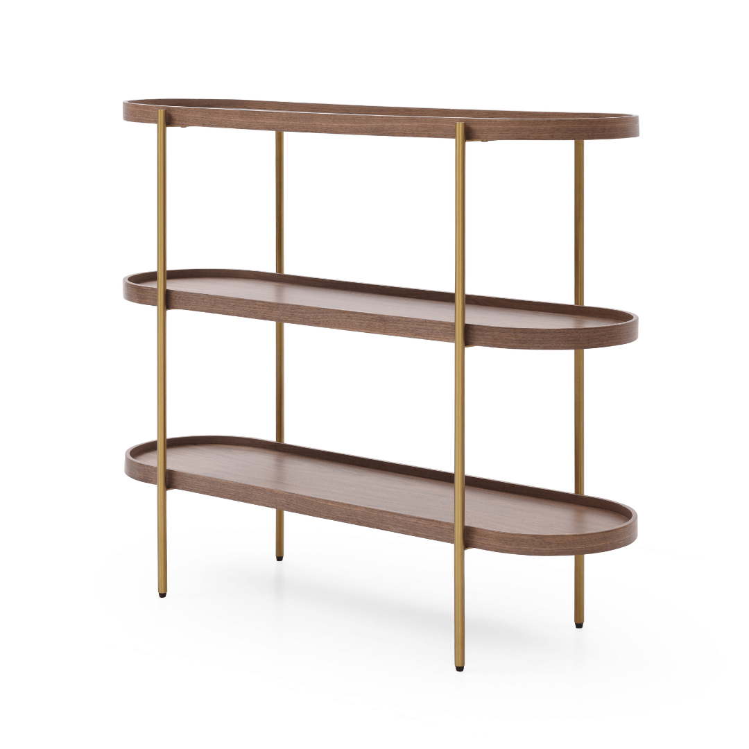 Seek & Ramble Shelving Cleo 3 Tier Shelf 120cm x 80cm Bookcase/Console Walnut Gold or Black Frame