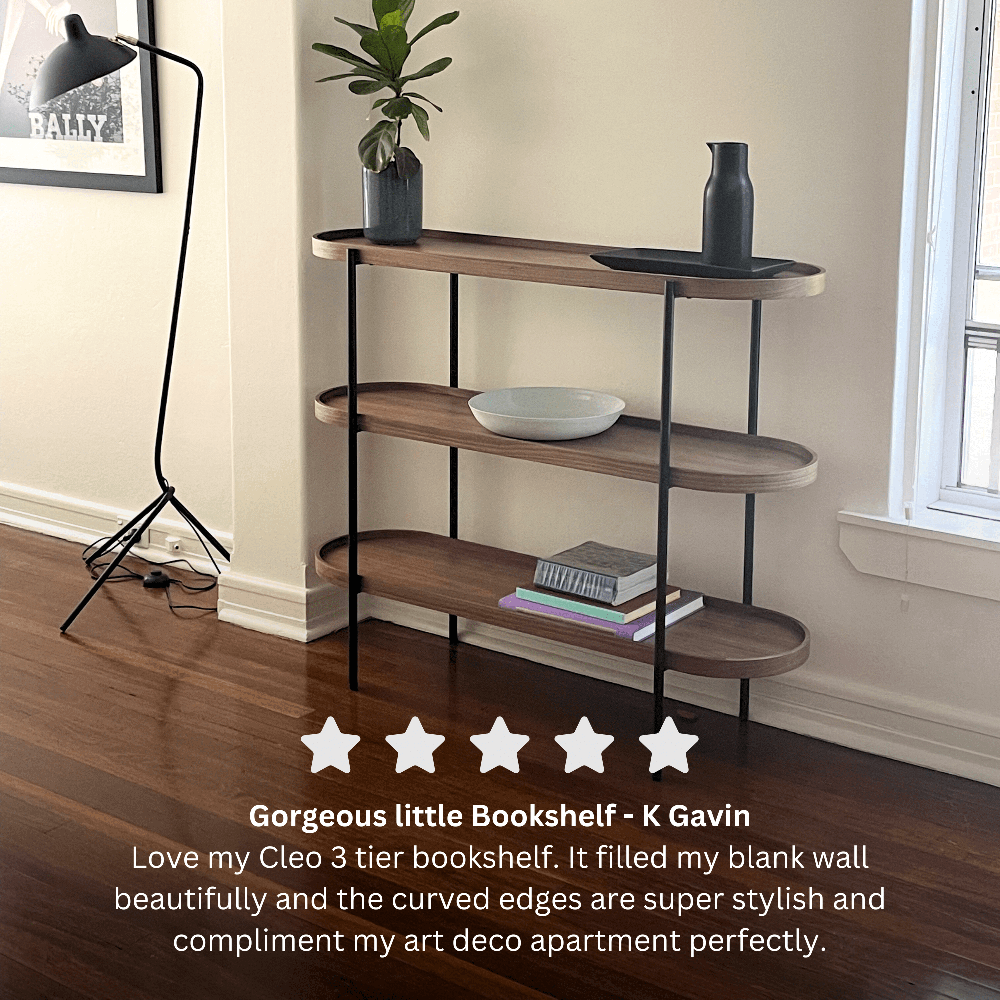 Seek & Ramble Shelving Cleo 3 Tier Shelf 120cm x 80cm Bookcase/Console Walnut Gold or Black Frame