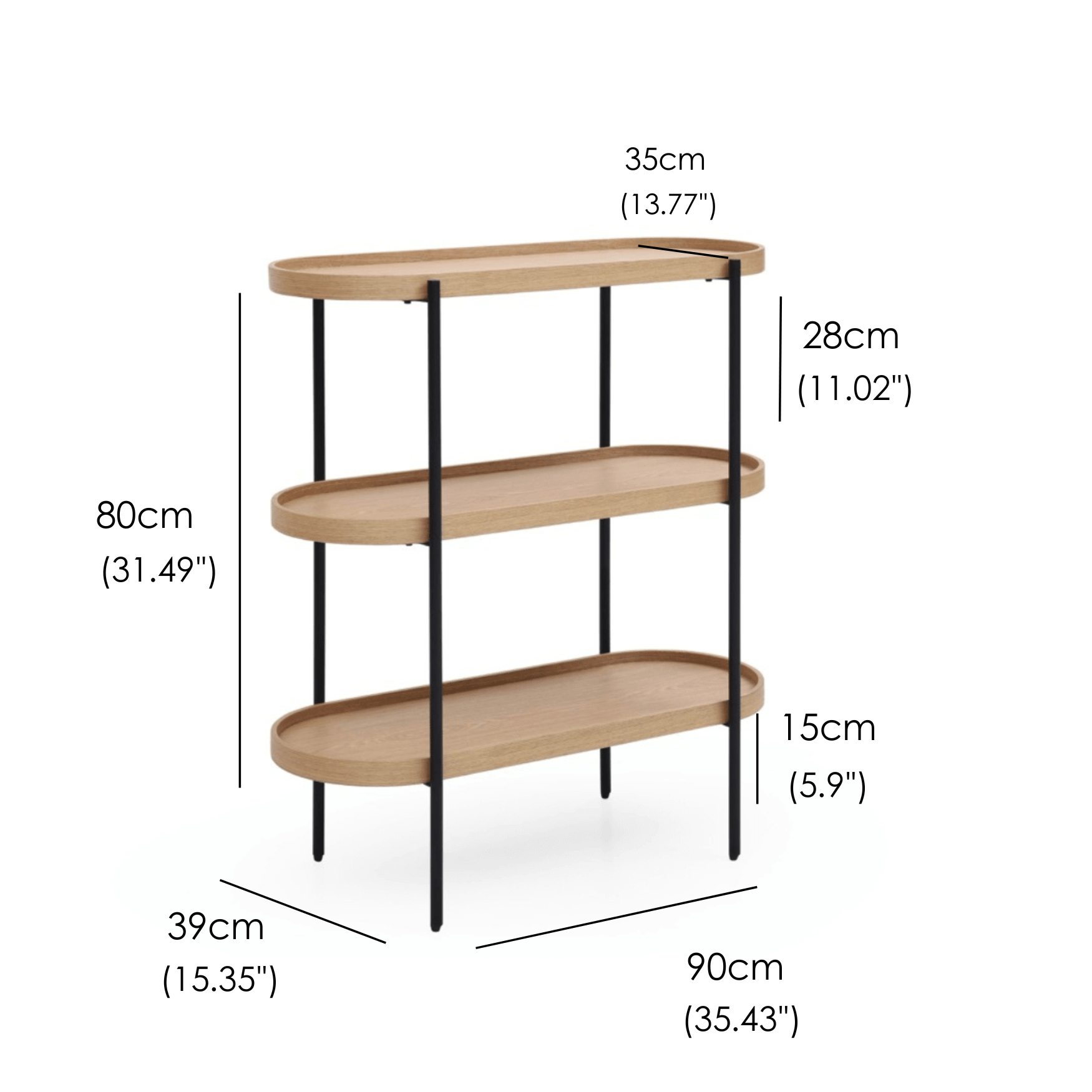 Seek & Ramble Shelving Cleo 3 Tier Shelf 90cm x 80cm Bookcase/Console Natural Ash Black or Gold Frame