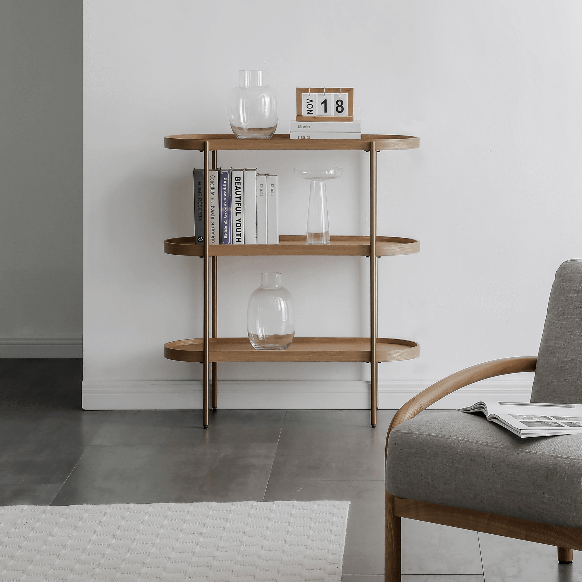 Seek & Ramble Shelving Cleo 3 Tier Shelf 90cm x 80cm Bookcase/Console Natural Ash Black or Gold Frame