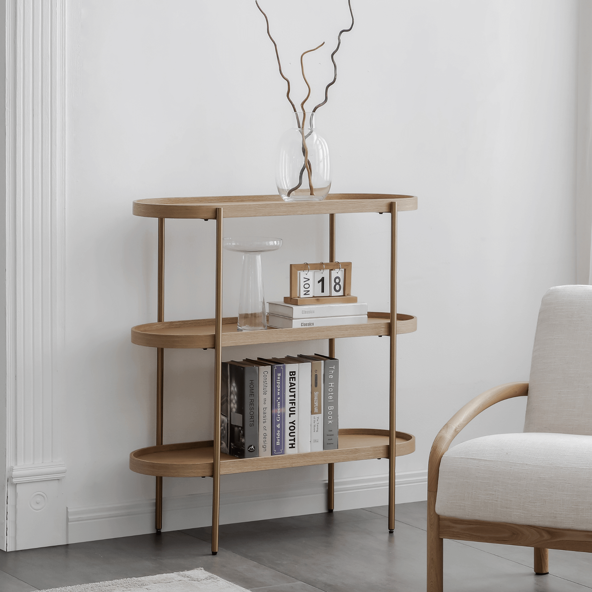 Seek & Ramble Shelving Cleo 3 Tier Shelf 90cm x 80cm Bookcase/Console Natural Ash Black or Gold Frame