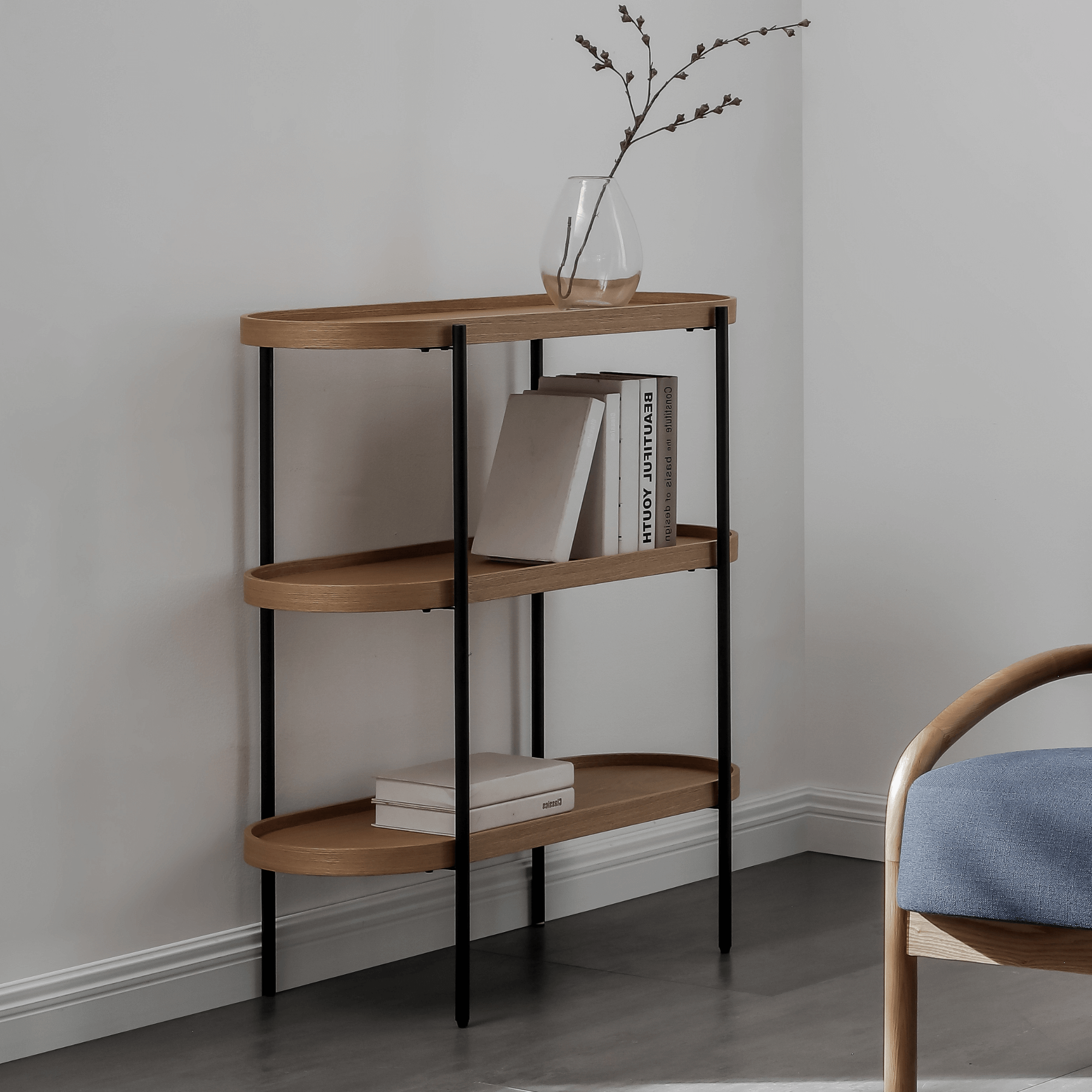 Seek & Ramble Shelving Cleo 3 Tier Shelf 90cm x 80cm Bookcase/Console Natural Ash Black or Gold Frame