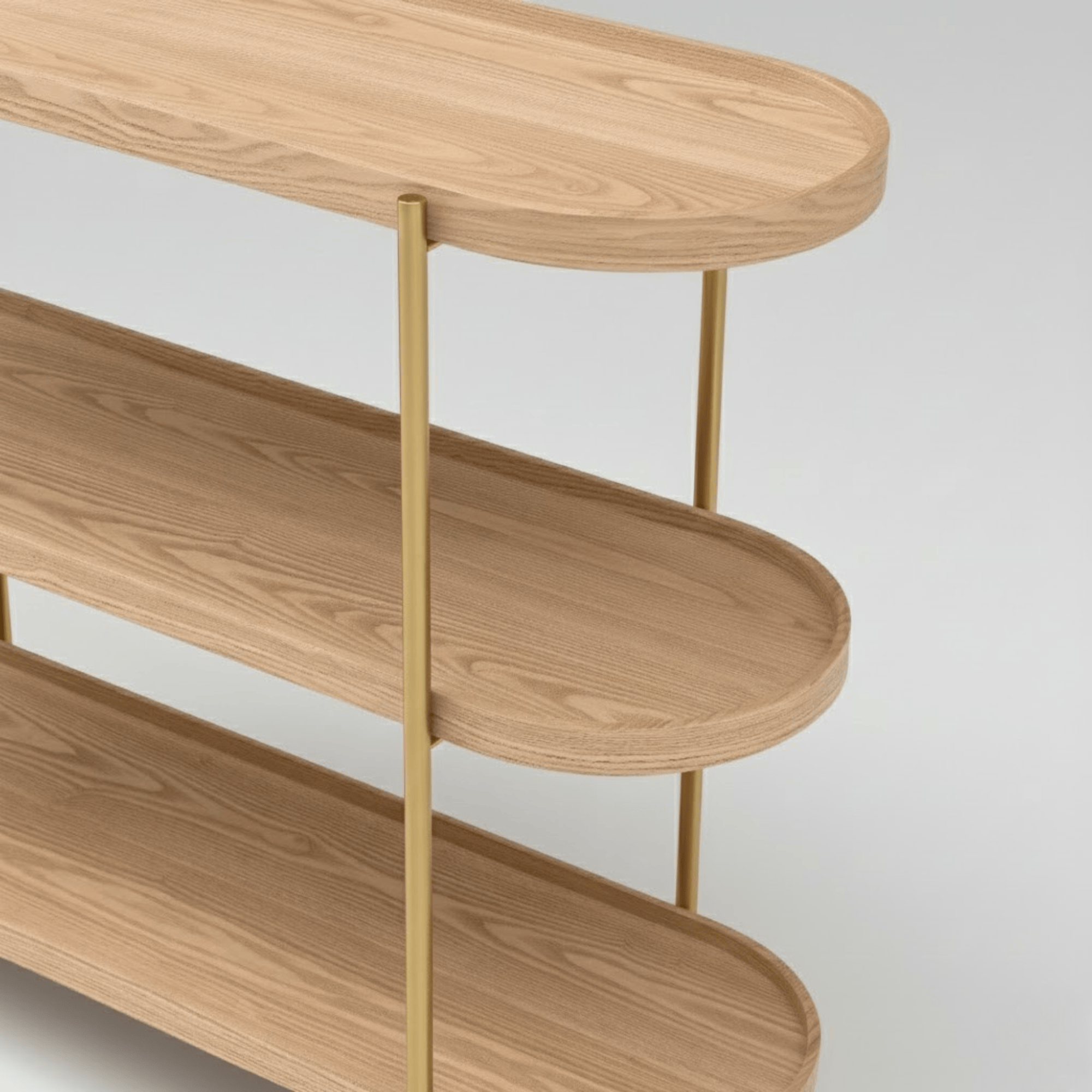 Seek & Ramble Shelving Cleo 3 Tier Shelf 90cm x 80cm Bookcase/Console Natural Ash & Gold