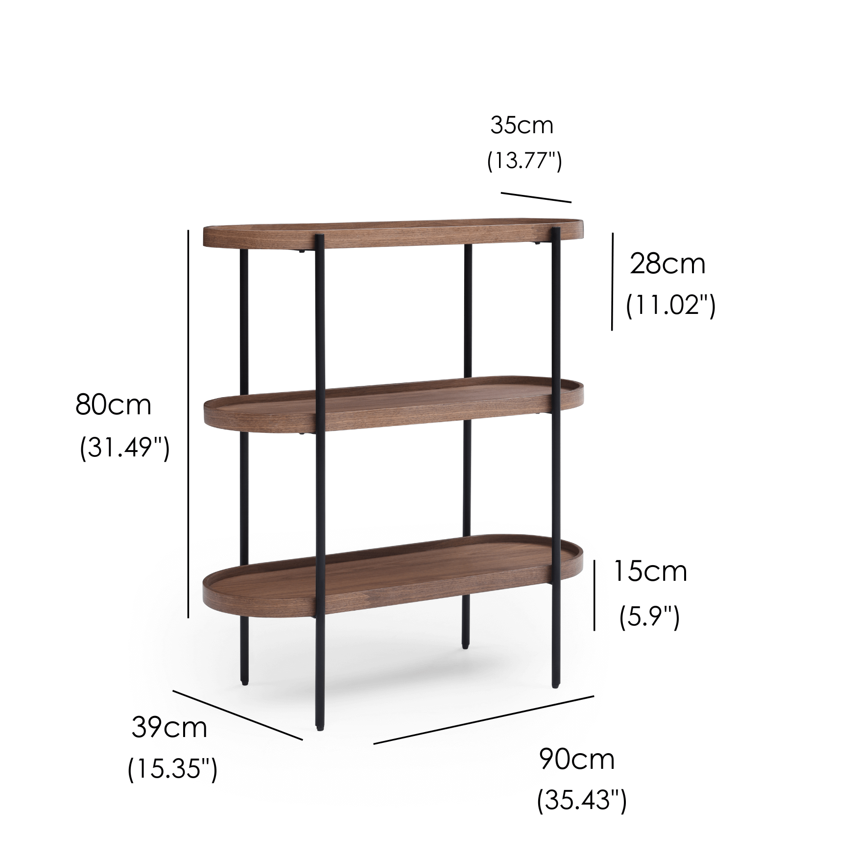 Seek & Ramble Shelving Cleo 3 Tier Shelf 90cm x 80cm Bookcase/Console Walnut Gold or Black Frame