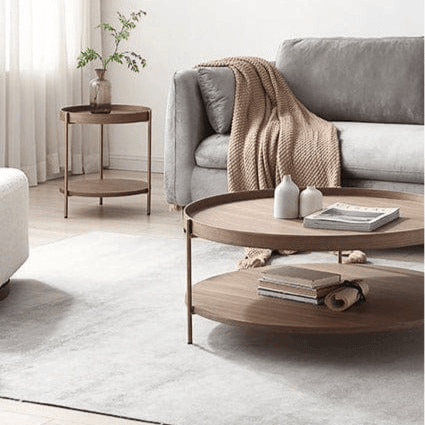 Seek & Ramble Side Tables Cleo 40cm Round Side Table Gold Legs With Storage Shelf Walnut