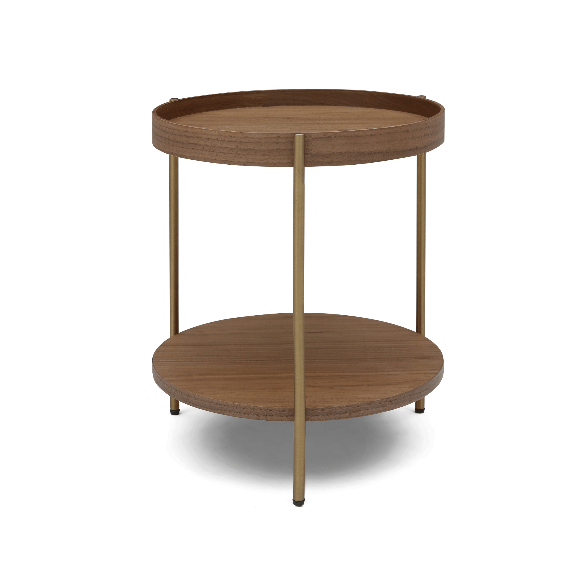Seek & Ramble Side Tables Cleo 40cm Round Side Table Gold Legs With Storage Shelf Walnut