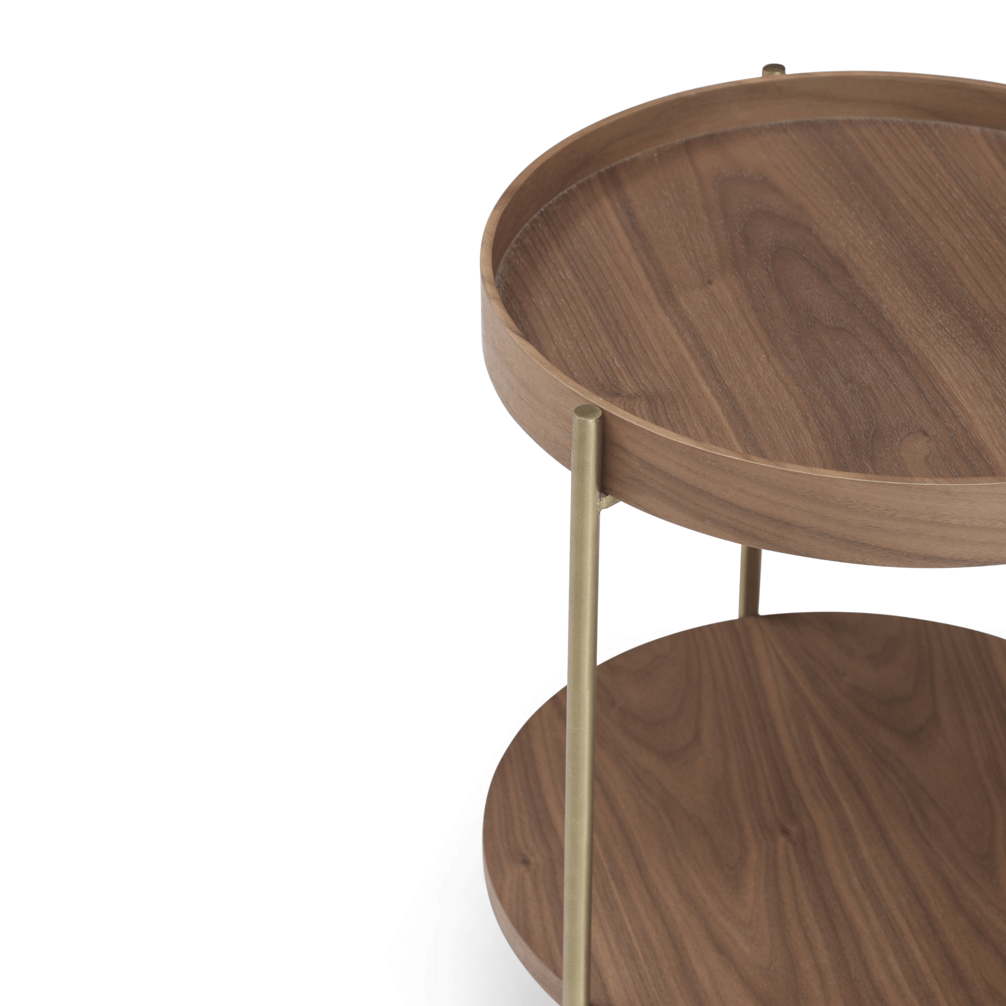 Seek & Ramble Side Tables Cleo 40cm Round Side Table Gold Legs With Storage Shelf Walnut