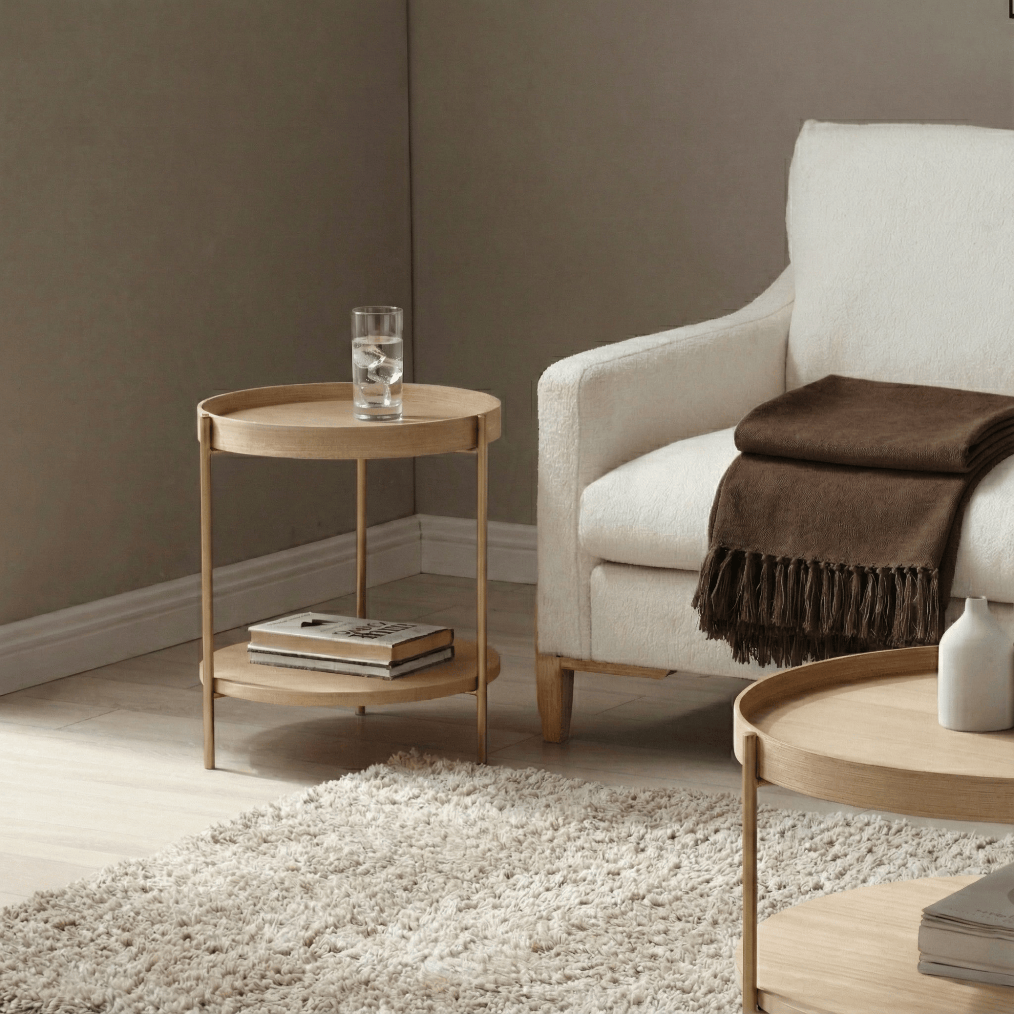 Seek & Ramble Side Tables Cleo 40cm Round Side Table With Storage Shelf Ash Gold Legs