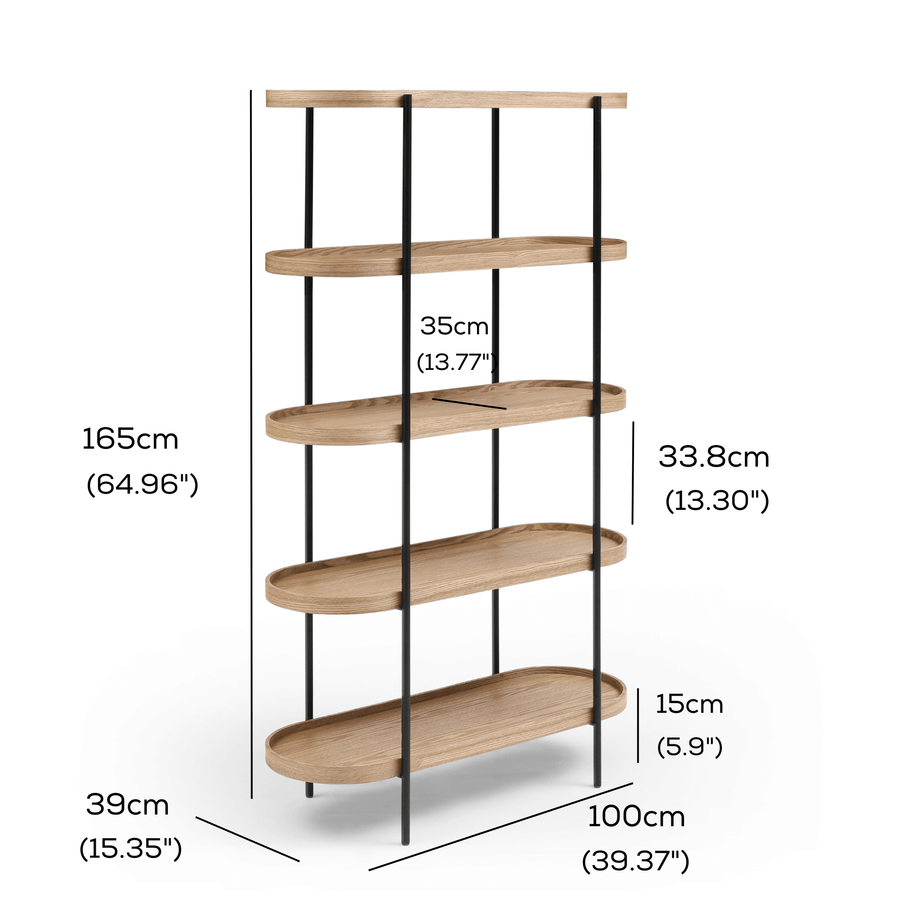 Cleo 5 Tier 165cm x 100cm Bookshelf Natural Ash & Black measurements