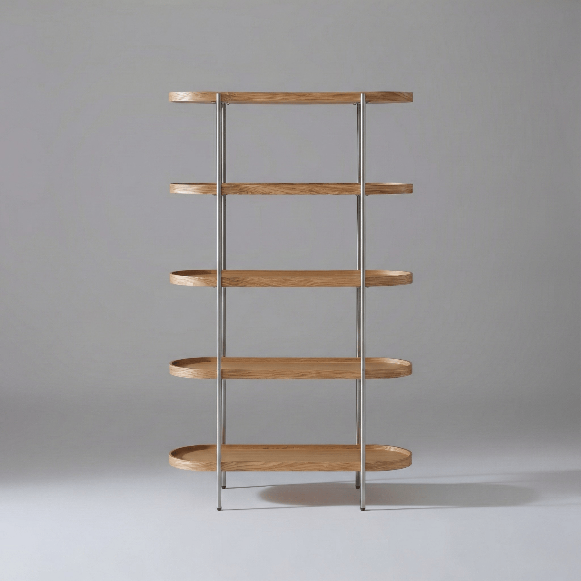 Seek & Ramble Shelving Cleo 5 Tier Shelf 165cm x 100cm Bookcase Natural Ash Brushed Stainless Steel