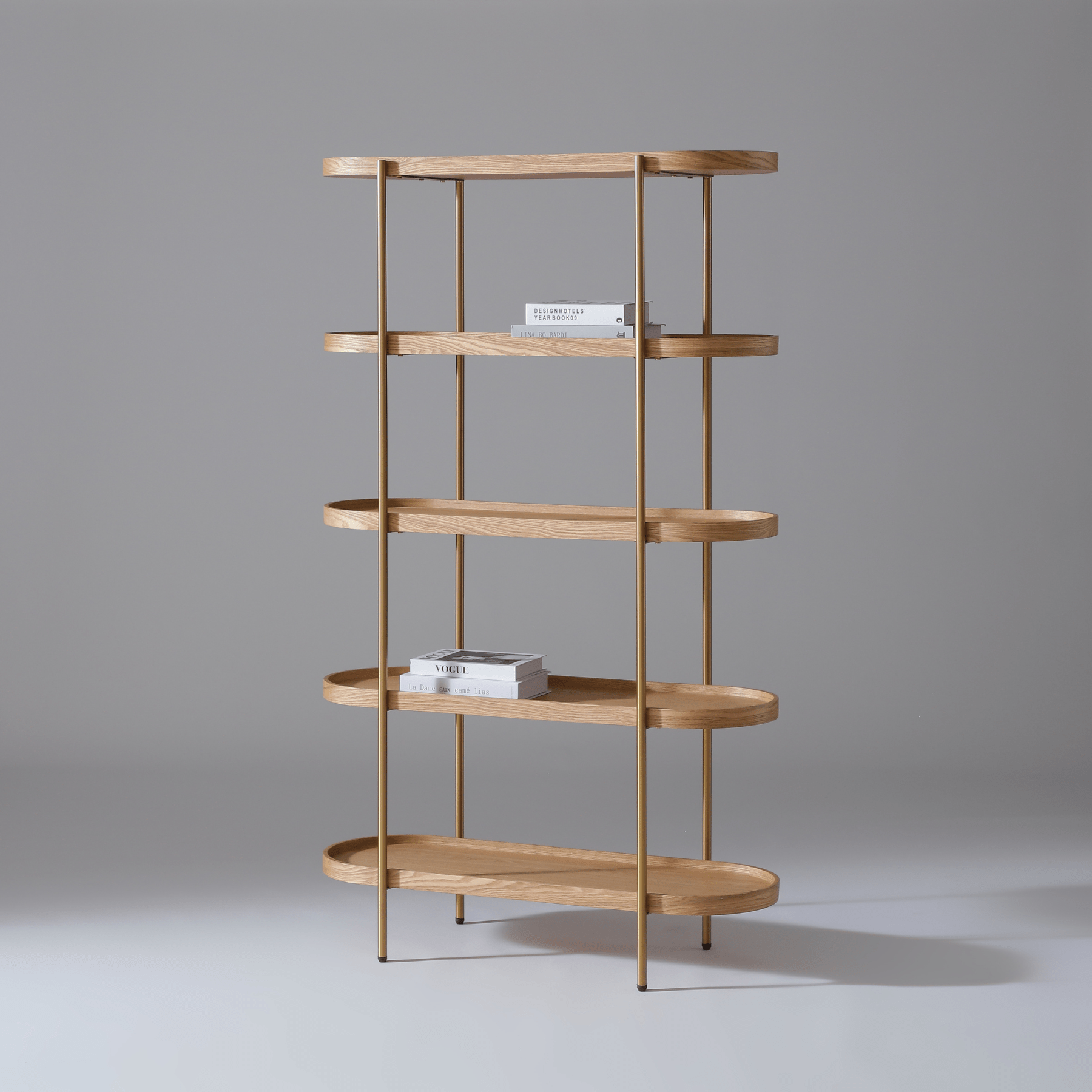 Seek & Ramble Shelving Cleo 5 Tier Shelf 165cm x 100cm Bookcase Natural Ash & Gold Frame