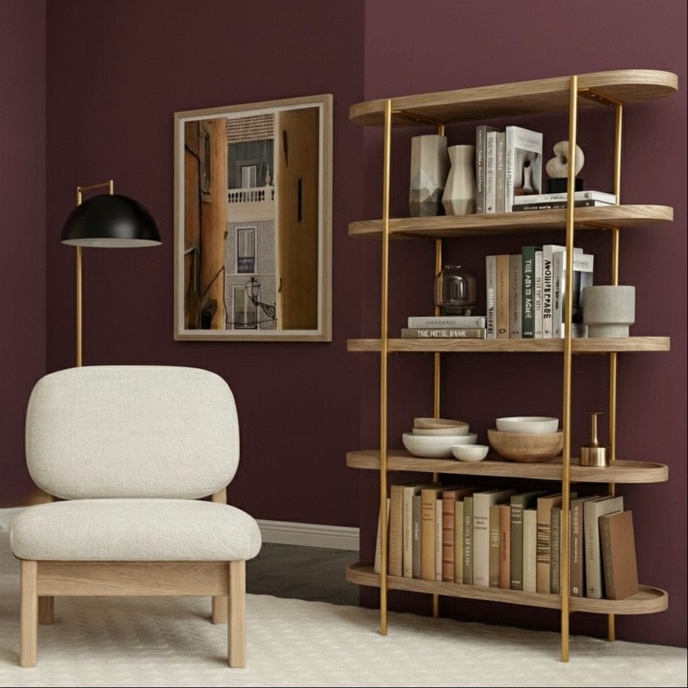 Seek & Ramble Shelving Cleo 5 Tier Shelf 165cm x 100cm Bookcase Natural Ash & Gold Frame