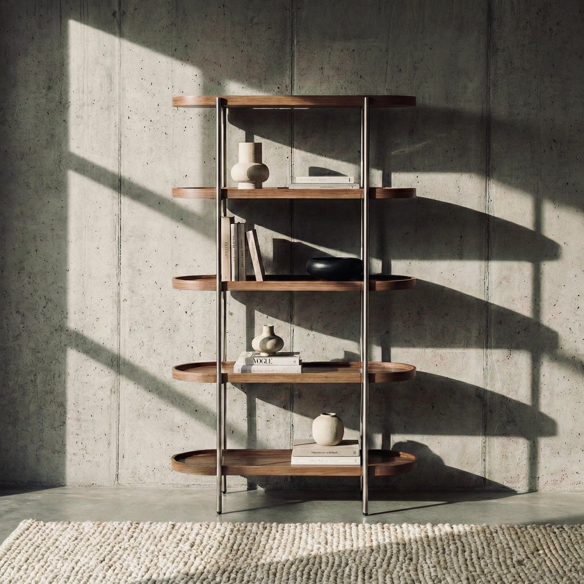 Seek & Ramble Shelving Cleo 5 Tier Tall Bookshelf Walnut & Brushed Stainless Steel