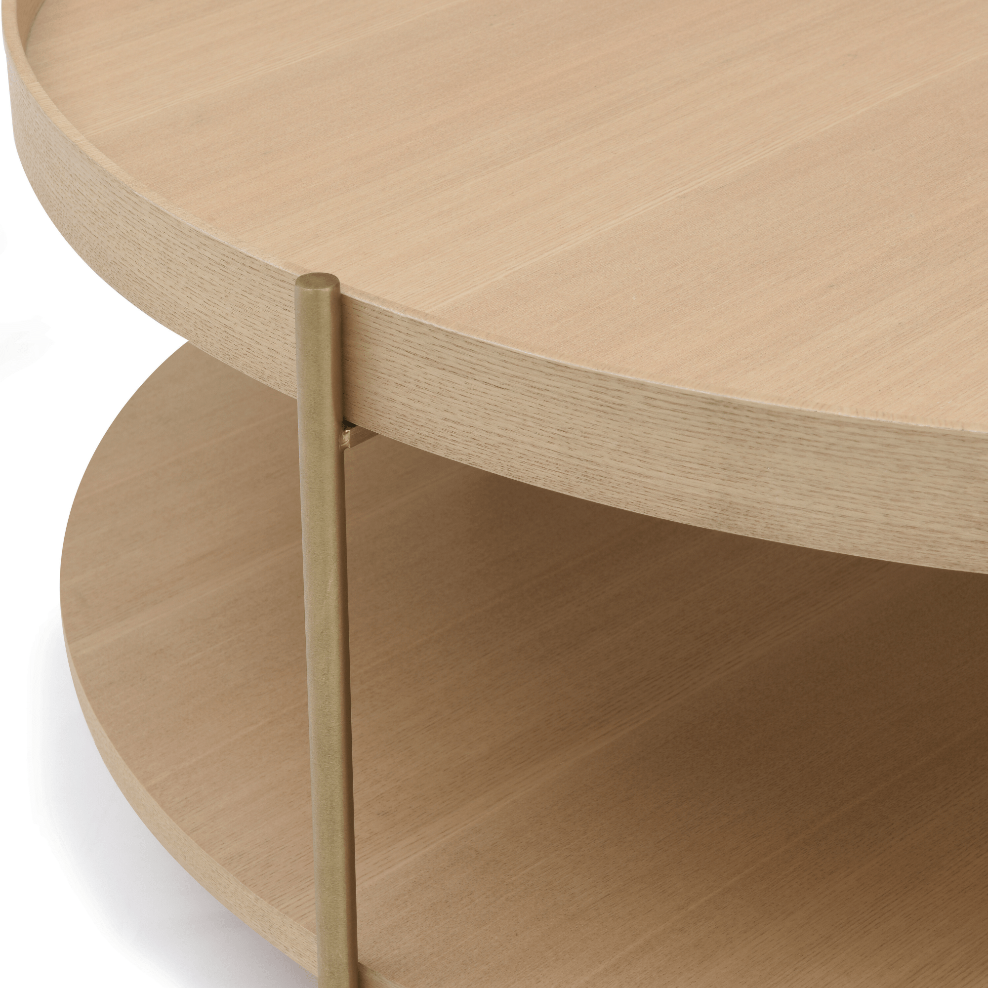 Seek & Ramble Coffee Tables Cleo 90cm Round Coffee Table Ash With Storage Shelf Gold Legs