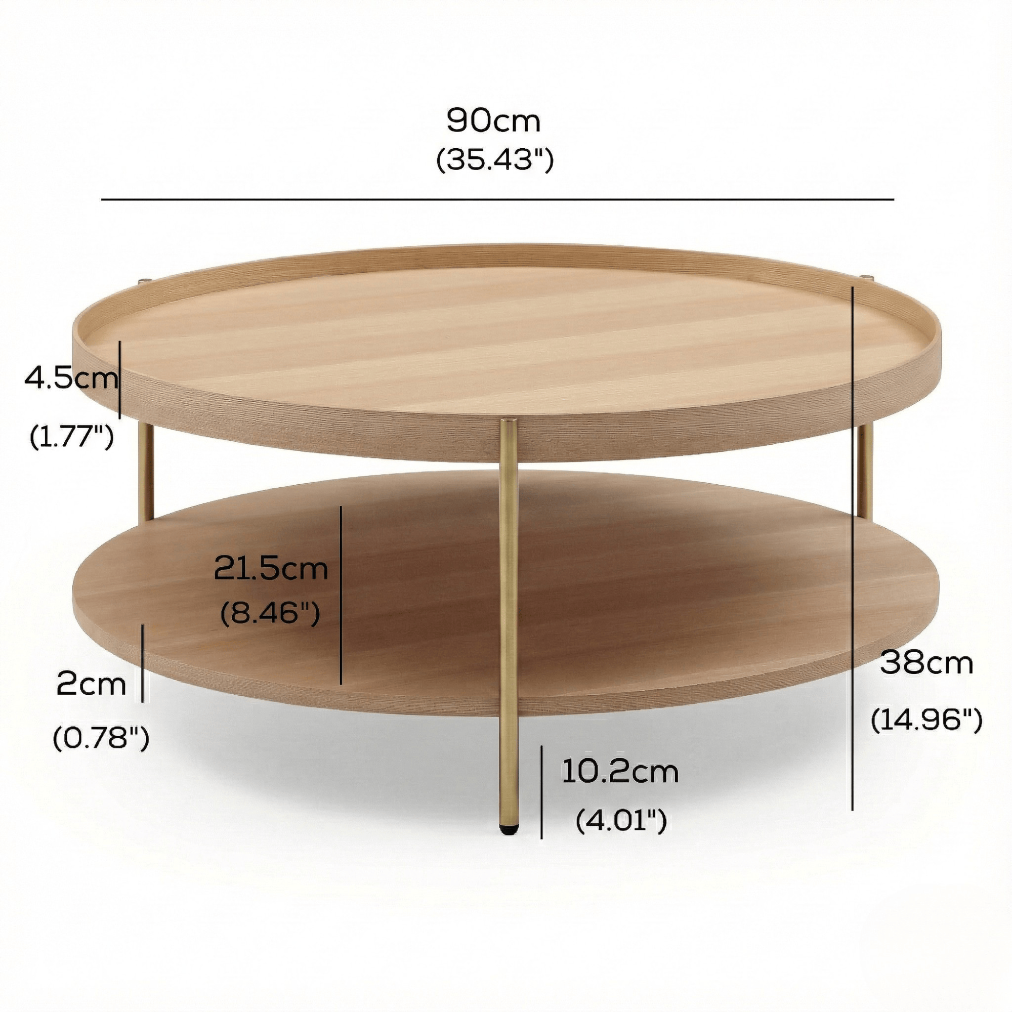 Seek & Ramble Coffee Tables Cleo 90cm Round Coffee Table Ash With Storage Shelf Gold Legs